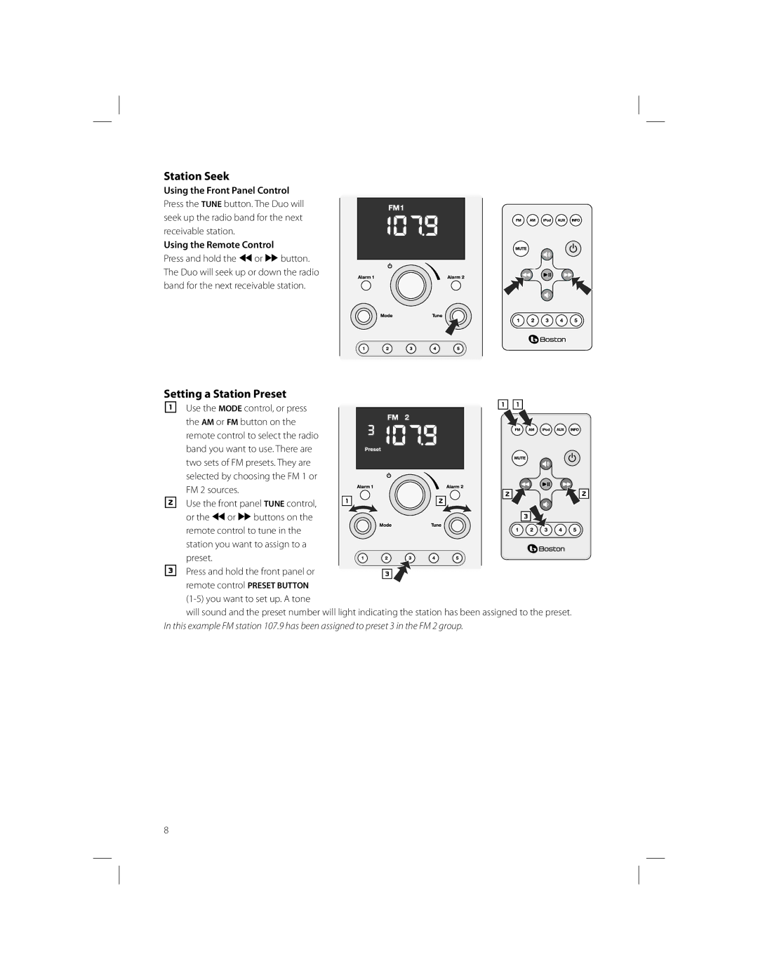 Boston Acoustics AM/FM Radio Tuner owner manual Station Seek, Setting a Station Preset, Using the Front Panel Control 