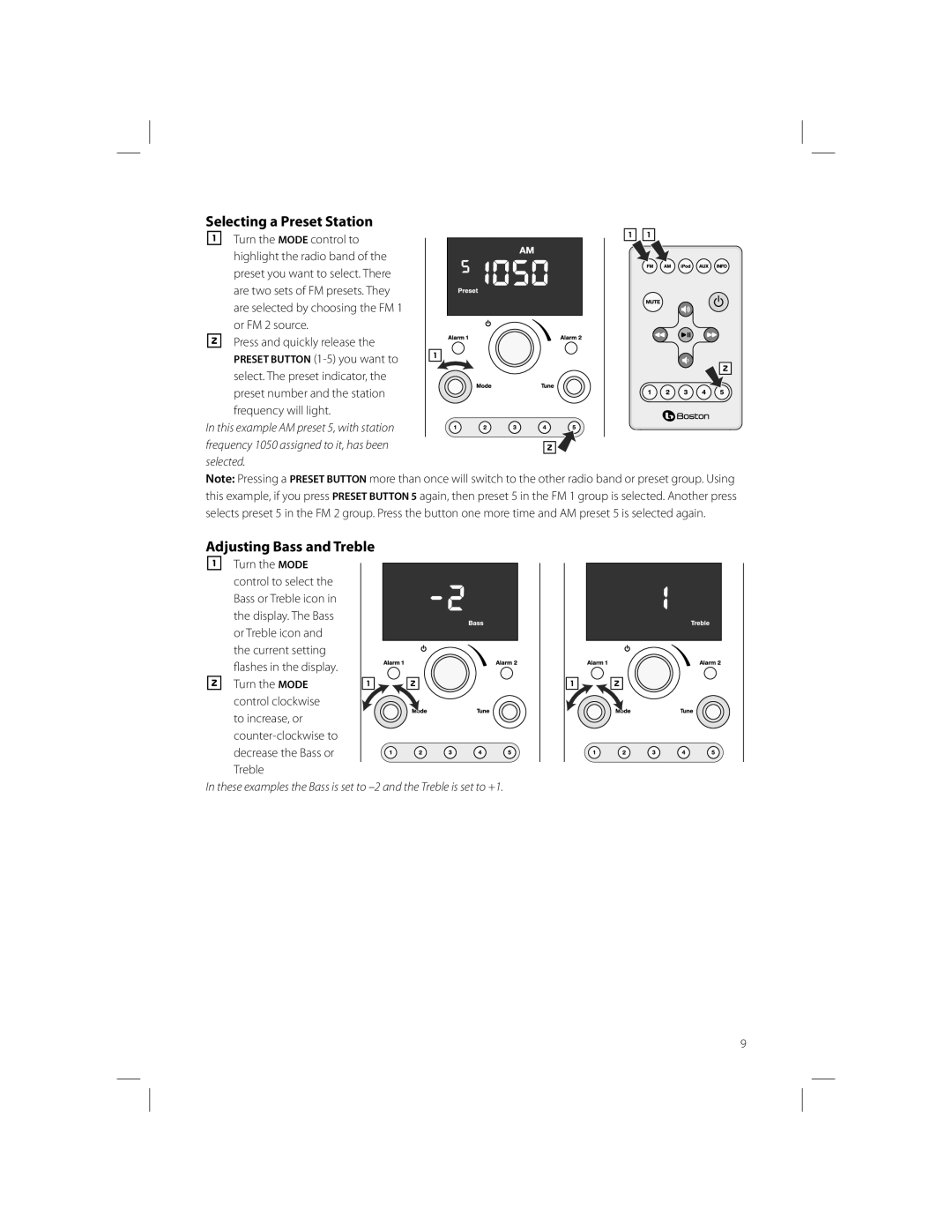 Boston Acoustics AM/FM Radio Tuner owner manual Selecting a Preset Station, Adjusting Bass and Treble 