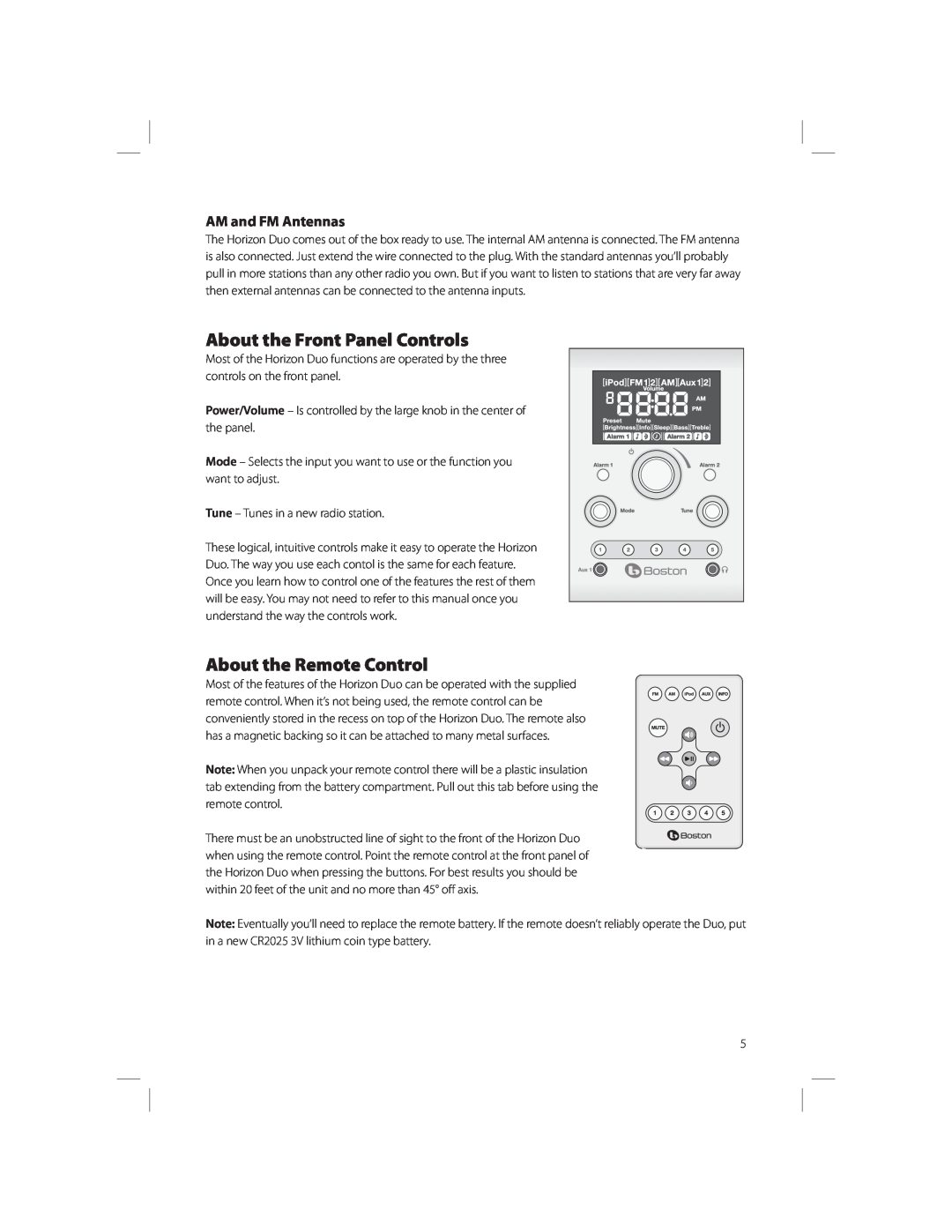 Boston Acoustics AM/FM Radio Tuner About the Front Panel Controls, About the Remote Control, AM and FM Antennas 