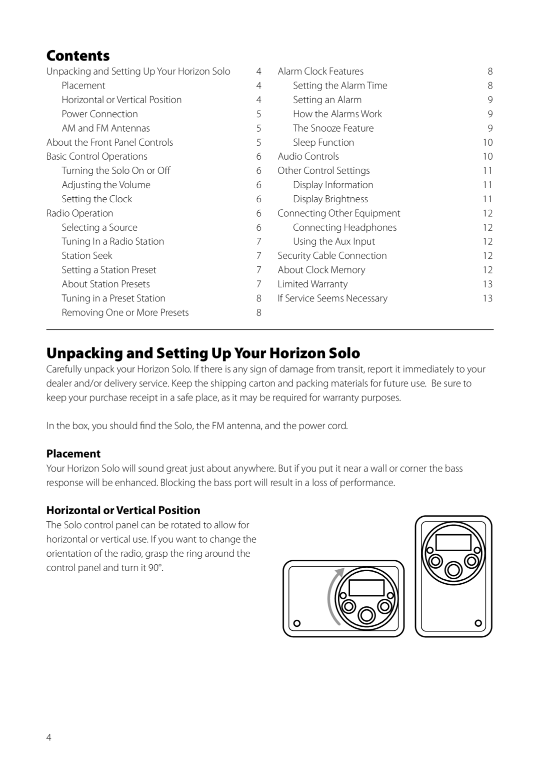 Boston Acoustics AM/FM Radio owner manual Contents, Unpacking and Setting Up Your Horizon Solo 