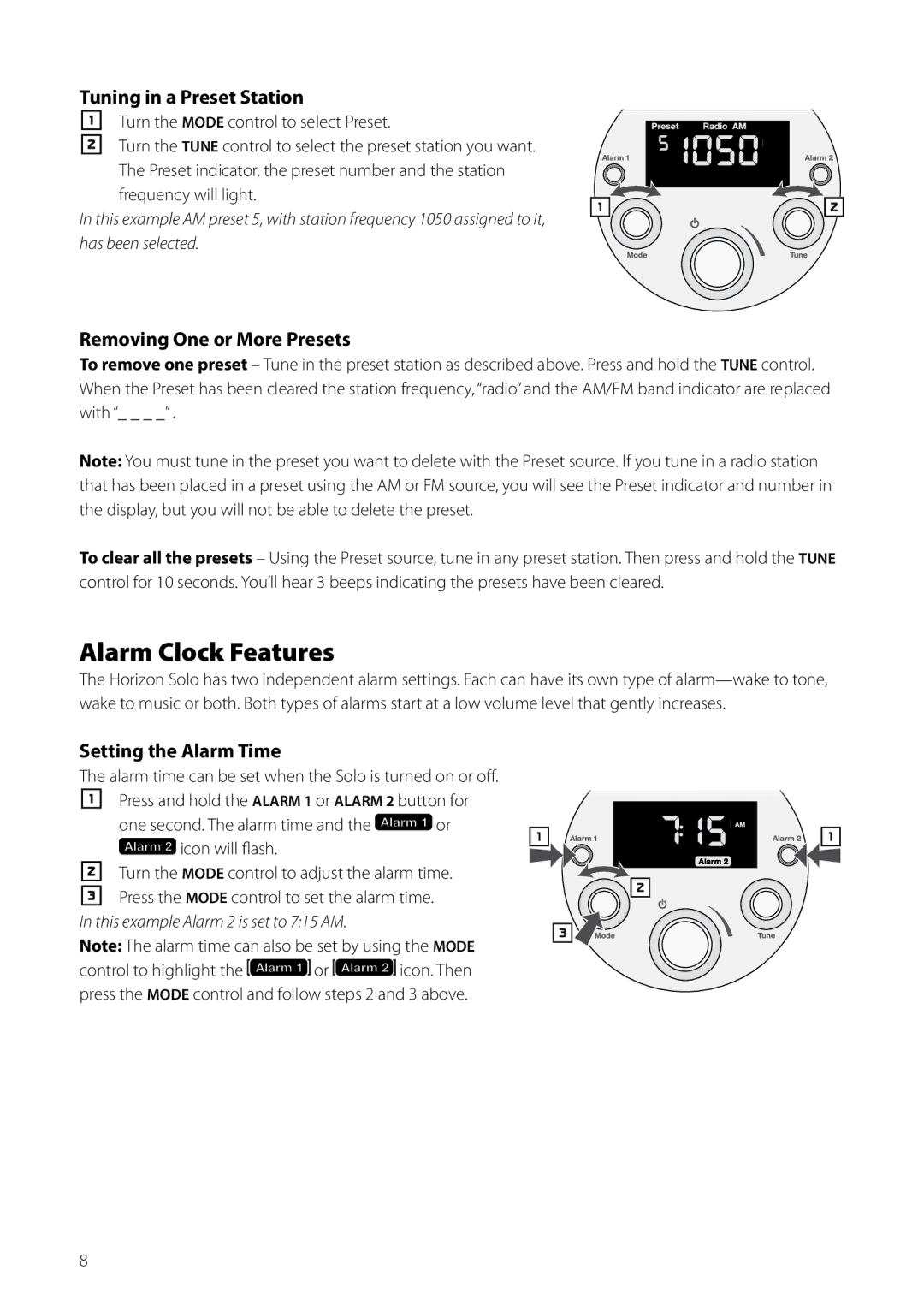 Boston Acoustics AM/FM Radio owner manual Alarm Clock Features, Tuning in a Preset Station, Removing One or More Presets 