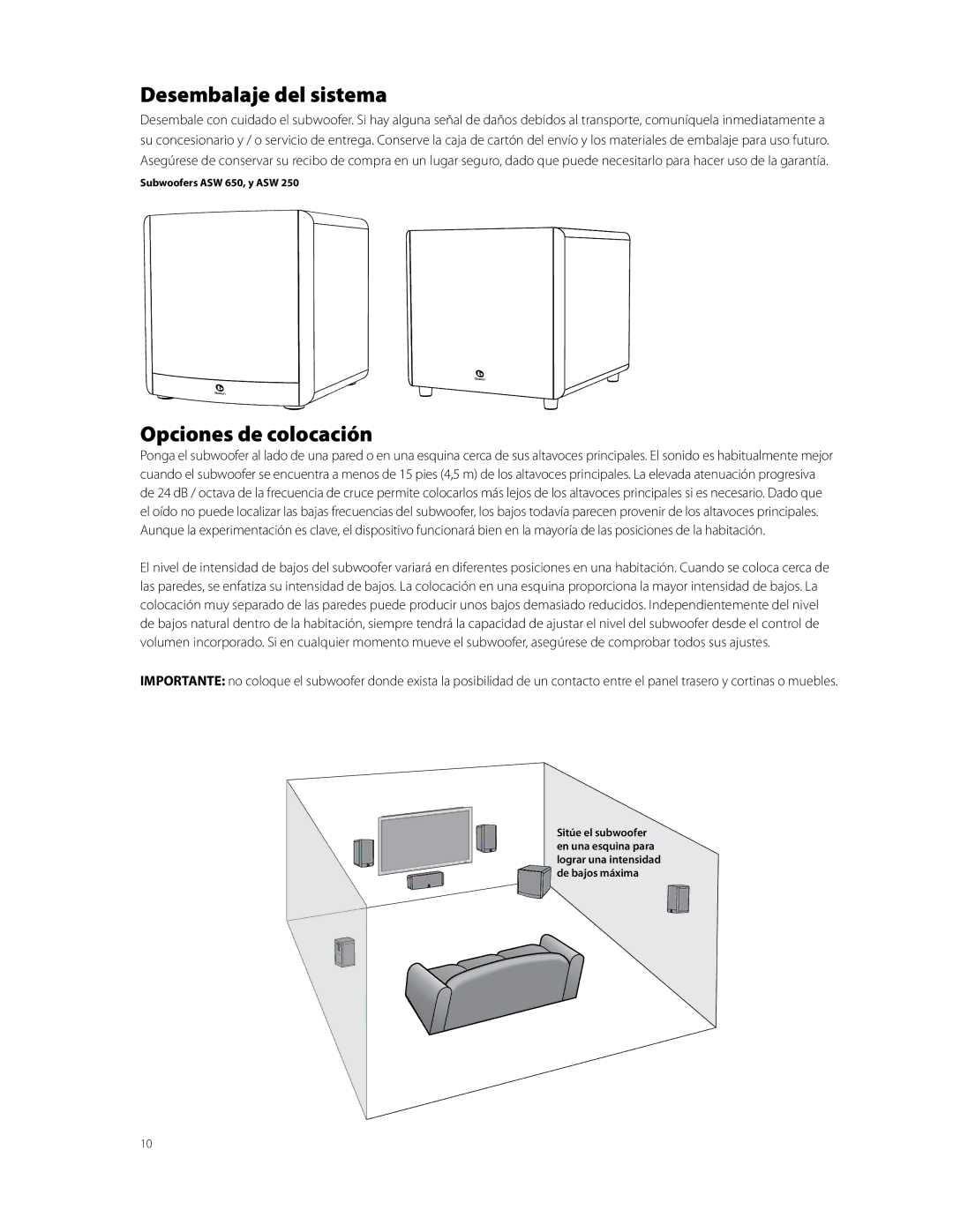 Boston Acoustics ASW 650, ASW 250 owner manual Desembalaje del sistema, Opciones de colocación 