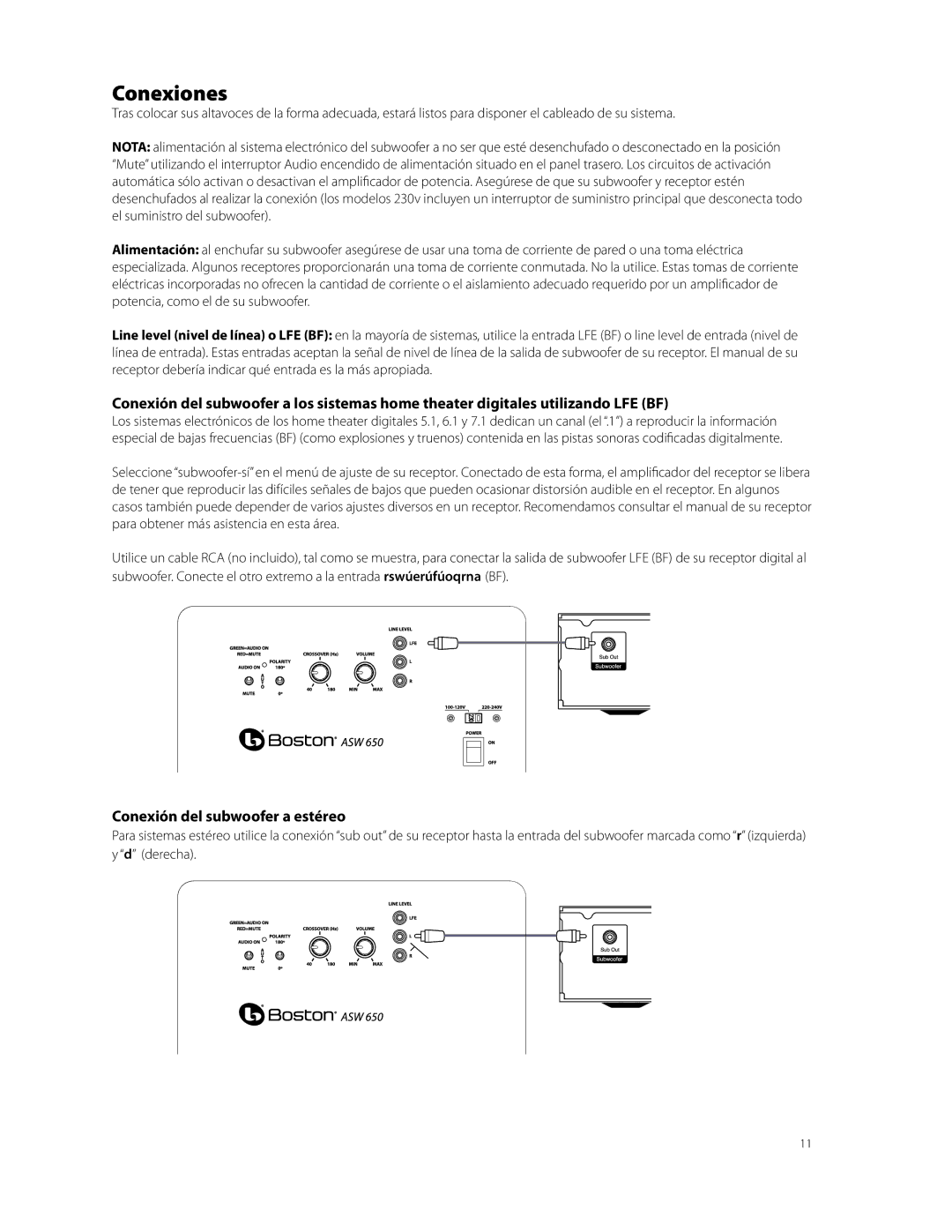 Boston Acoustics ASW 250, ASW 650 owner manual Conexiones, Conexión del subwoofer a estéreo, Receptor digital 