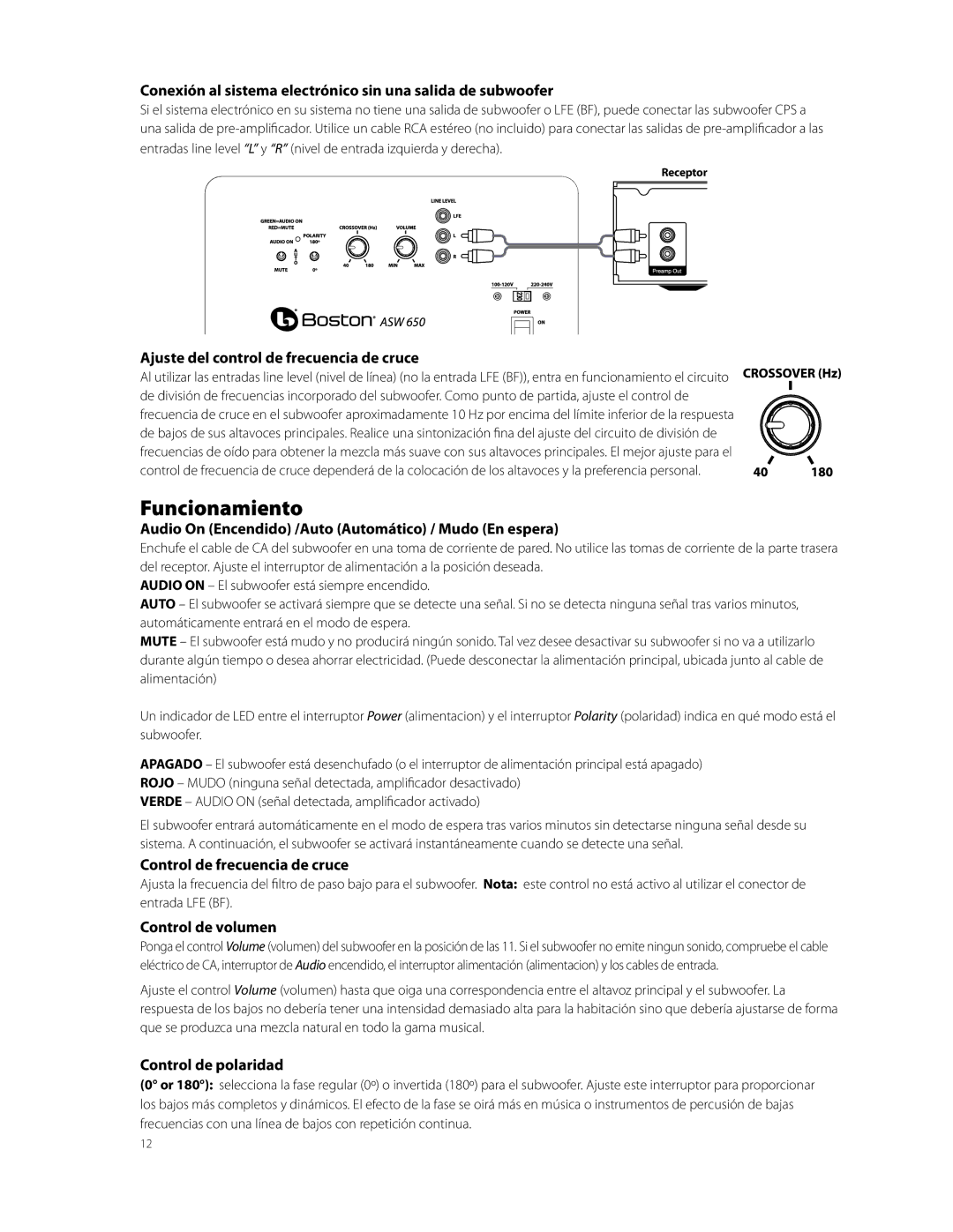 Boston Acoustics ASW 650, ASW 250 owner manual Funcionamiento 