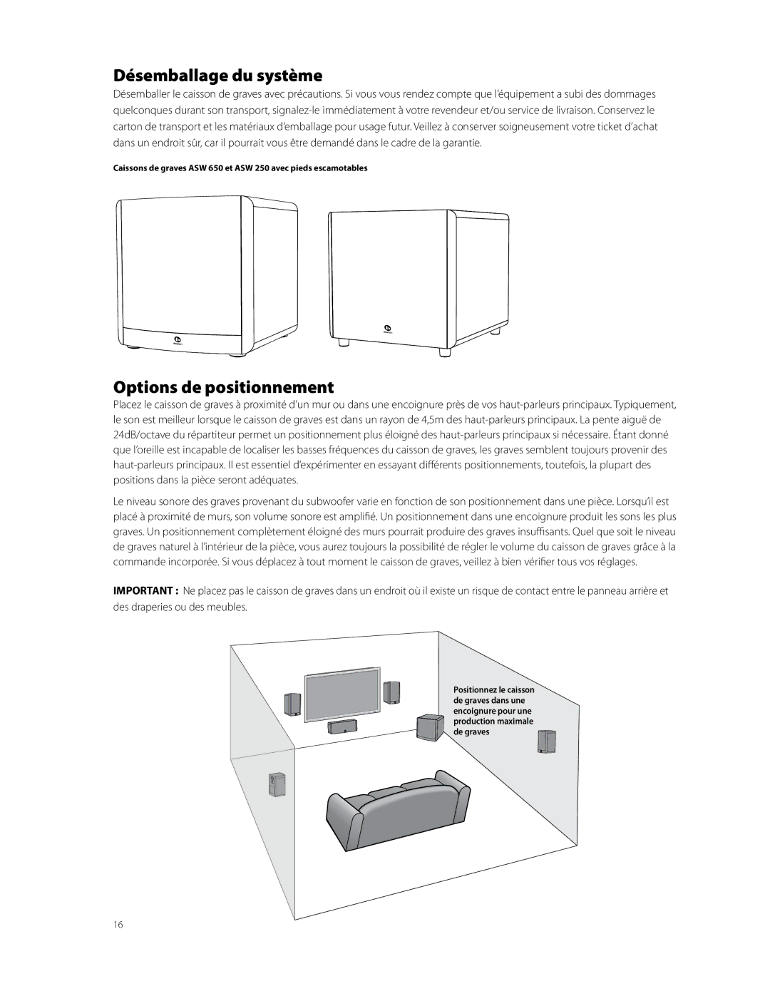 Boston Acoustics ASW 650, ASW 250 owner manual Désemballage du système, Options de positionnement 