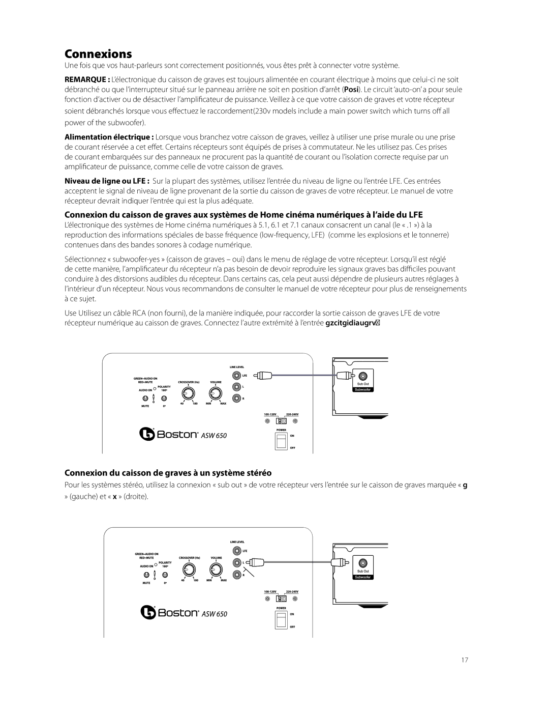 Boston Acoustics ASW 250, ASW 650 Connexions, Connexion du caisson de graves à un système stéréo, Récepteur Numérique 