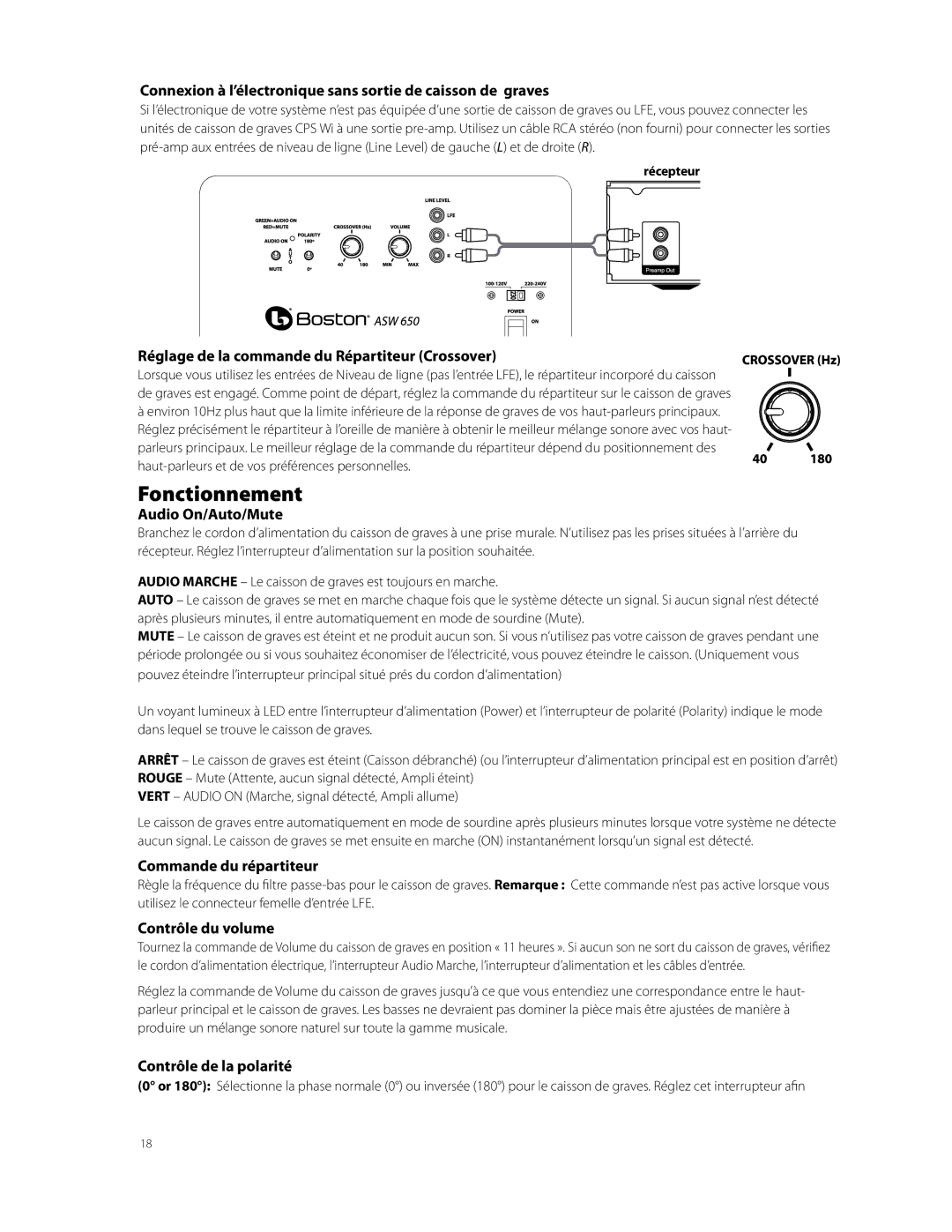 Boston Acoustics ASW 650, ASW 250 owner manual Fonctionnement 