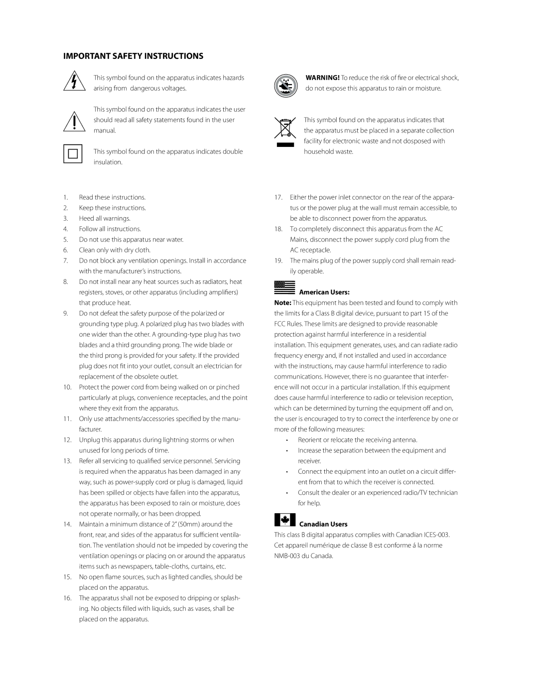 Boston Acoustics ASW 650, ASW 250 owner manual American Users, Canadian Users 