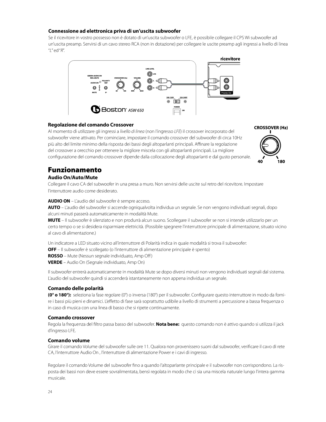 Boston Acoustics ASW 650, ASW 250 owner manual Funzionamento 