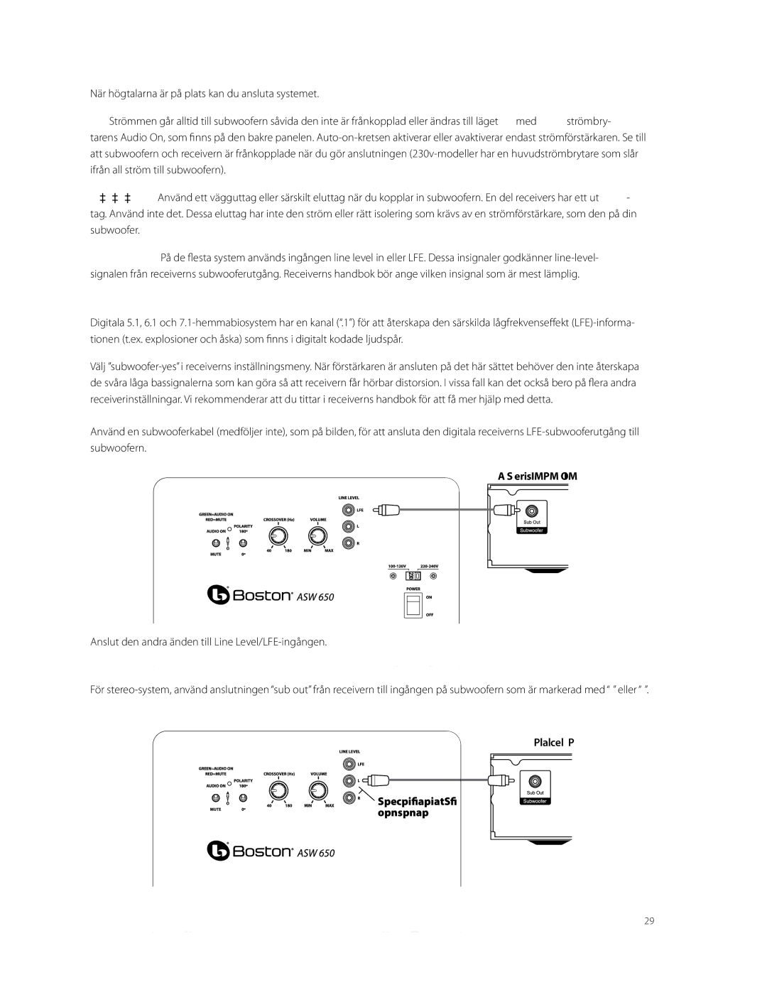 Boston Acoustics ASW 250, ASW 650 Anslutningar, Ansluta subwoofern till digitala hemmabiosystem med LFE, Receiver 