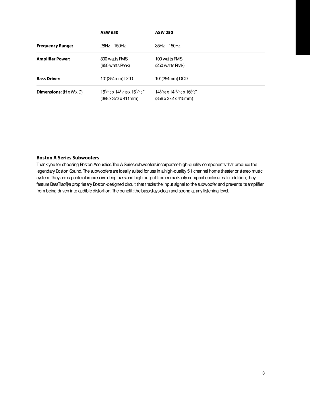 Boston Acoustics ASW 250, ASW 650 owner manual Specifications, Introduction, Boston a Series Subwoofers 