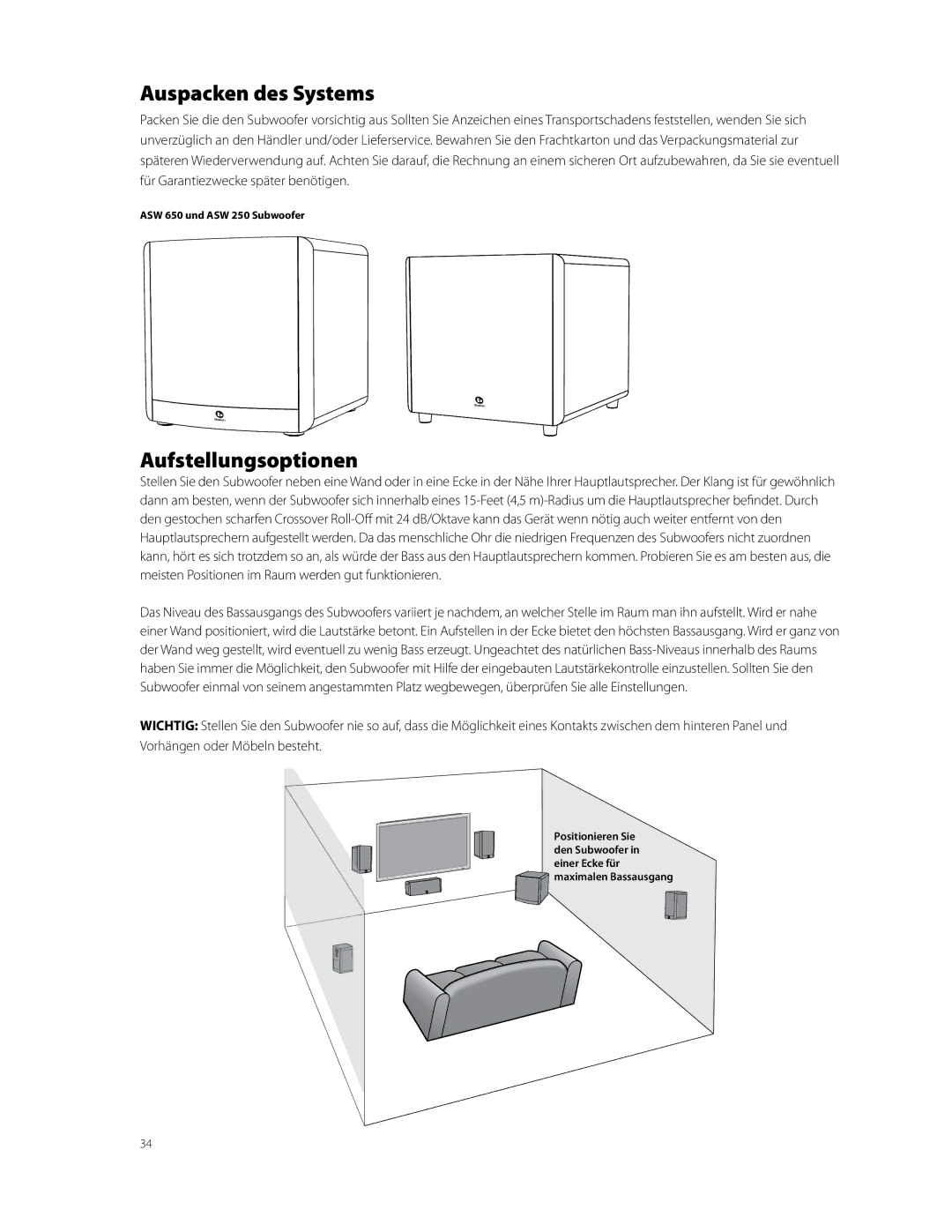 Boston Acoustics ASW 650, ASW 250 owner manual Auspacken des Systems, Aufstellungsoptionen 