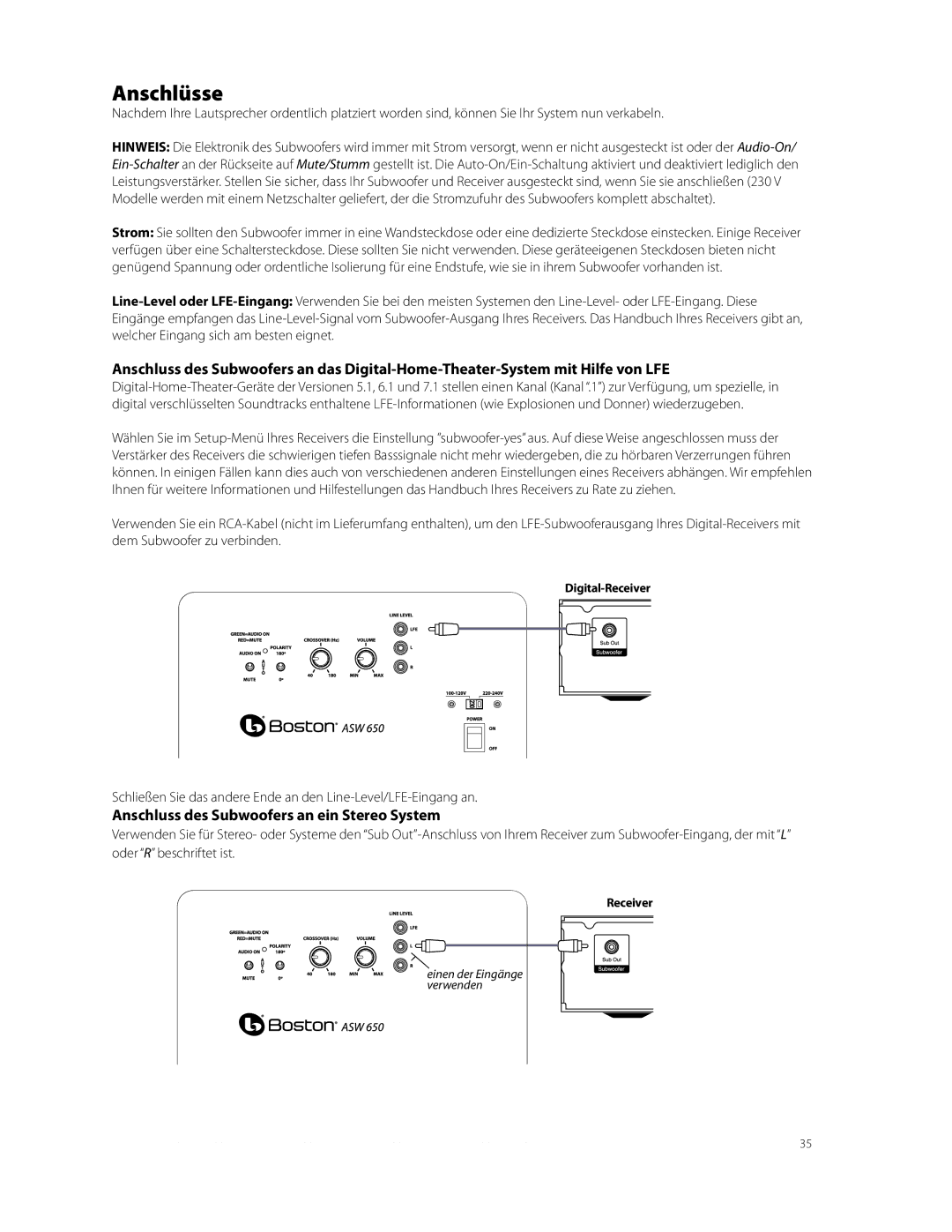 Boston Acoustics ASW 250, ASW 650 owner manual Anschlüsse, Anschluss des Subwoofers an ein Stereo System, Digital-Receiver 