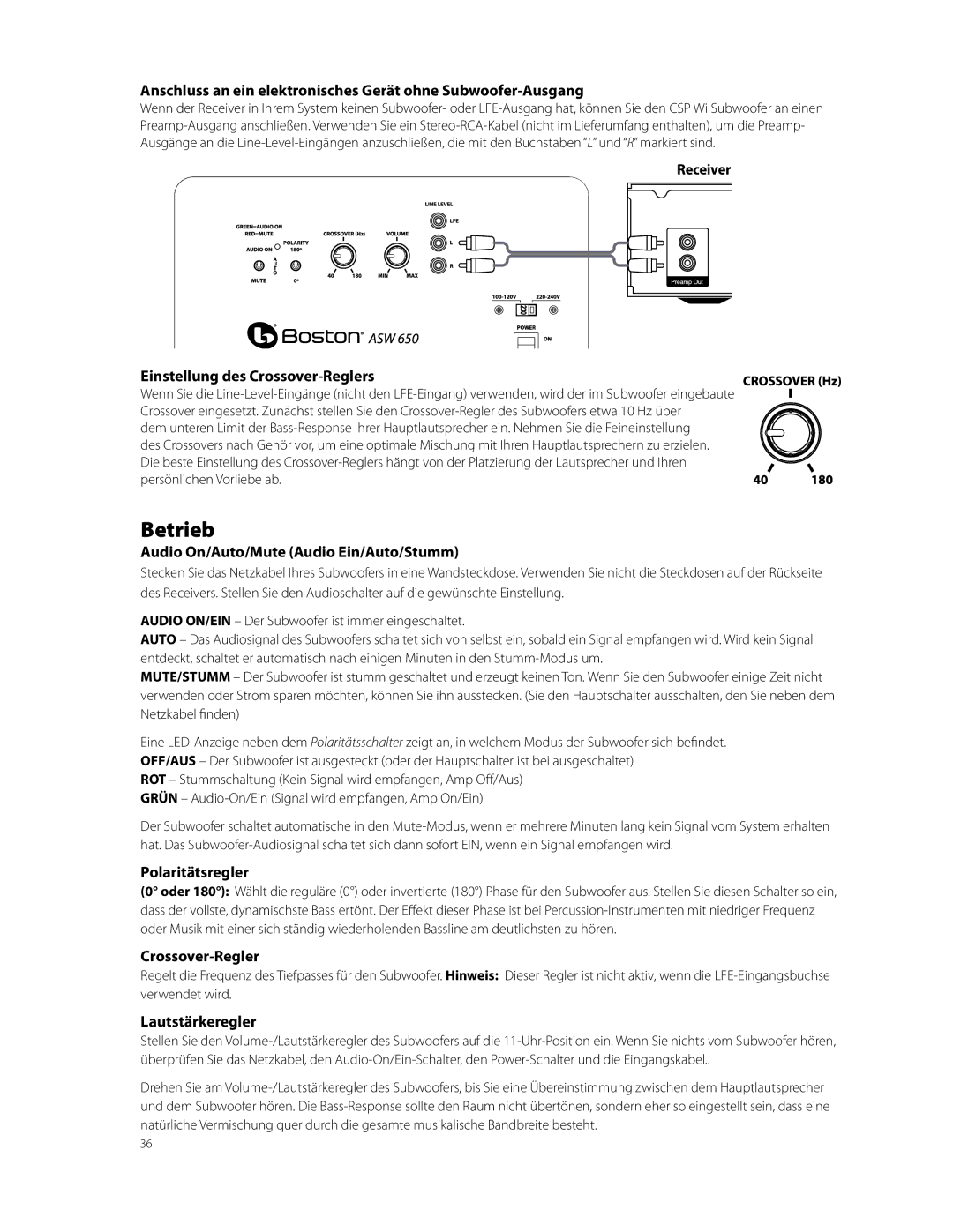 Boston Acoustics ASW 650, ASW 250 owner manual Betrieb 