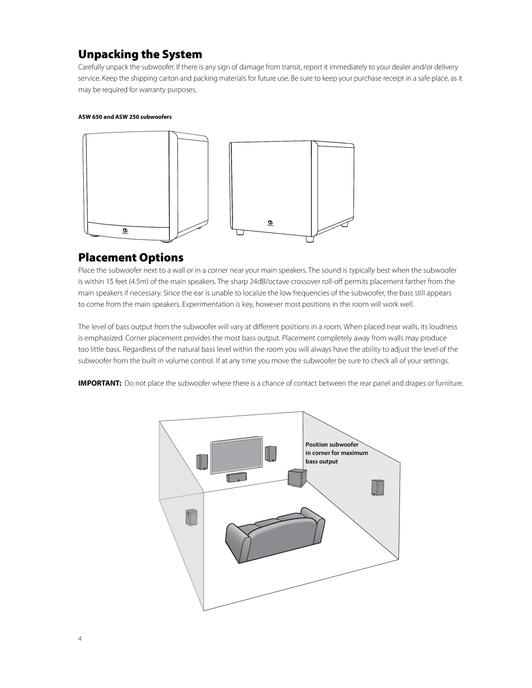 Boston Acoustics ASW 650, ASW 250 owner manual Unpacking the System, Placement Options 