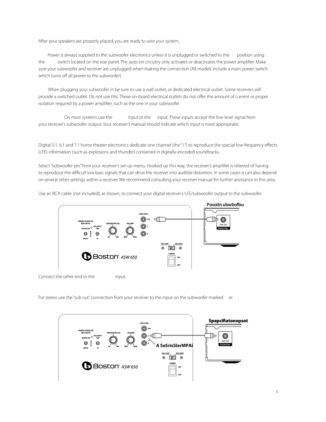 Boston Acoustics ASW 250, ASW 650 owner manual Connections, Connecting the Subwoofer to Stereo, Digital receiver 