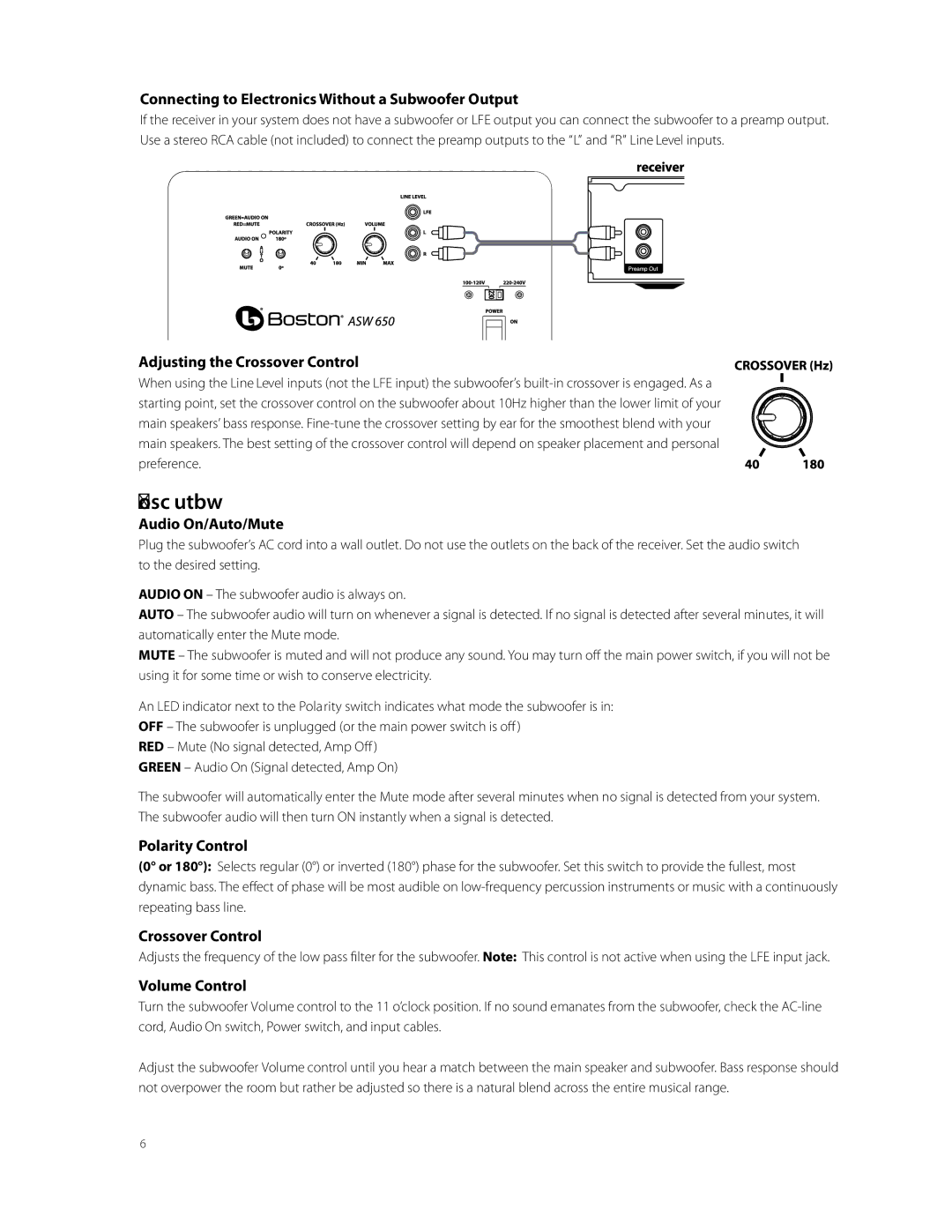 Boston Acoustics ASW 650, ASW 250 owner manual Operation 