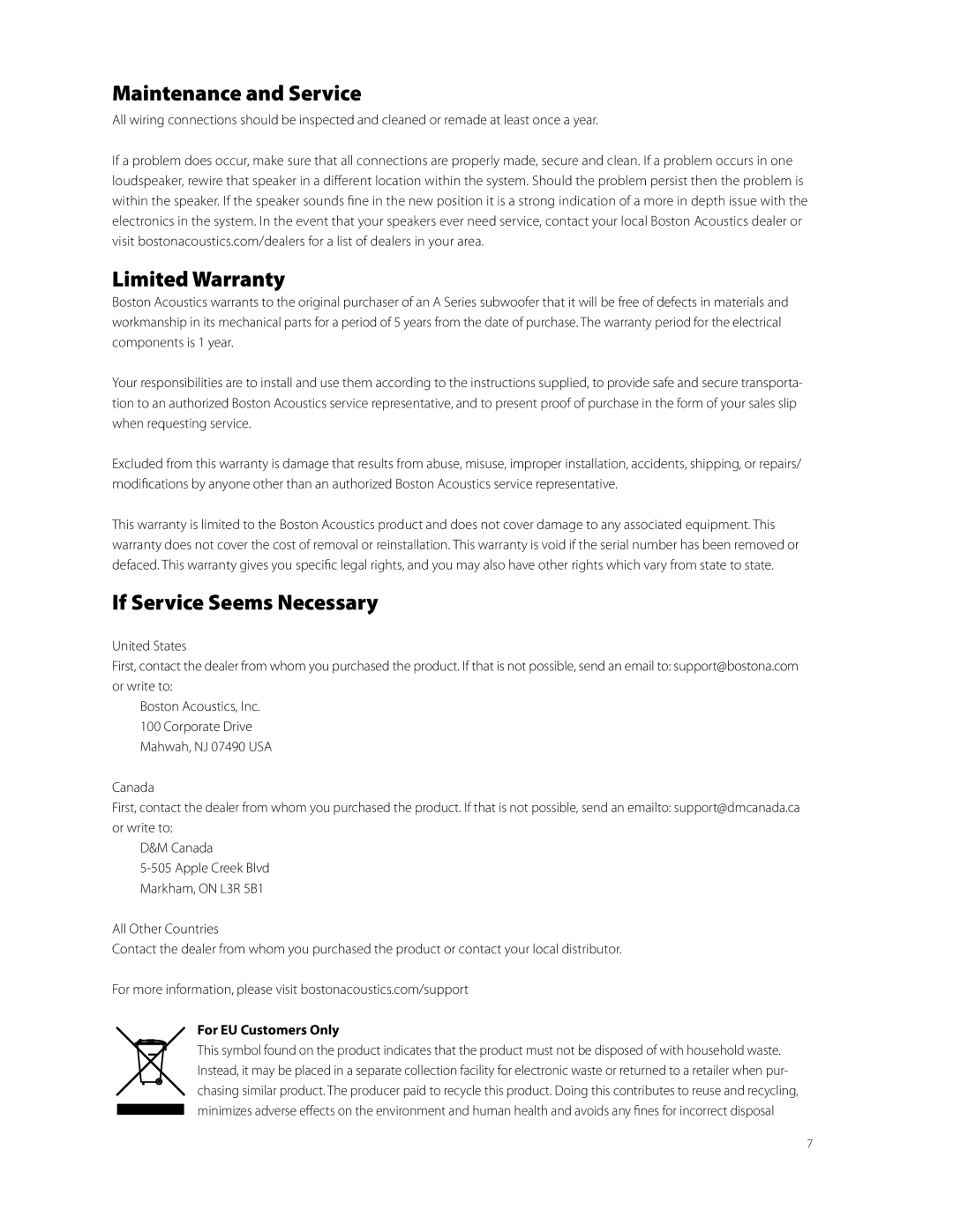 Boston Acoustics ASW 250 Maintenance and Service, Limited Warranty, If Service Seems Necessary, For EU Customers Only 