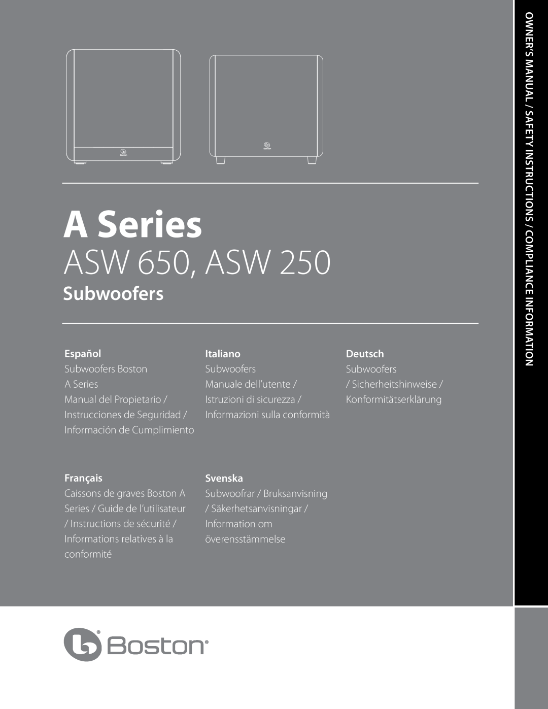 Boston Acoustics ASW 250 owner manual Español, Italiano, Deutsch, Français, Svenska, A Series, ASW 650, ASW, Subwoofers 