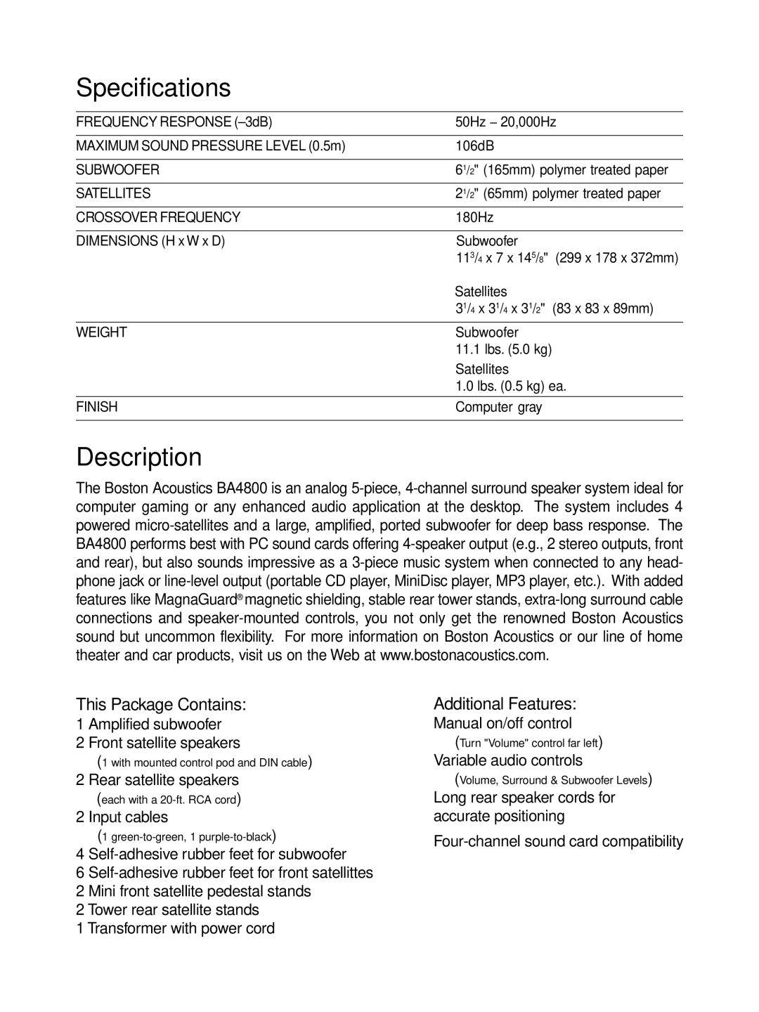 Boston Acoustics BA4800 manual Specifications, Description, This Package Contains, Additional Features 