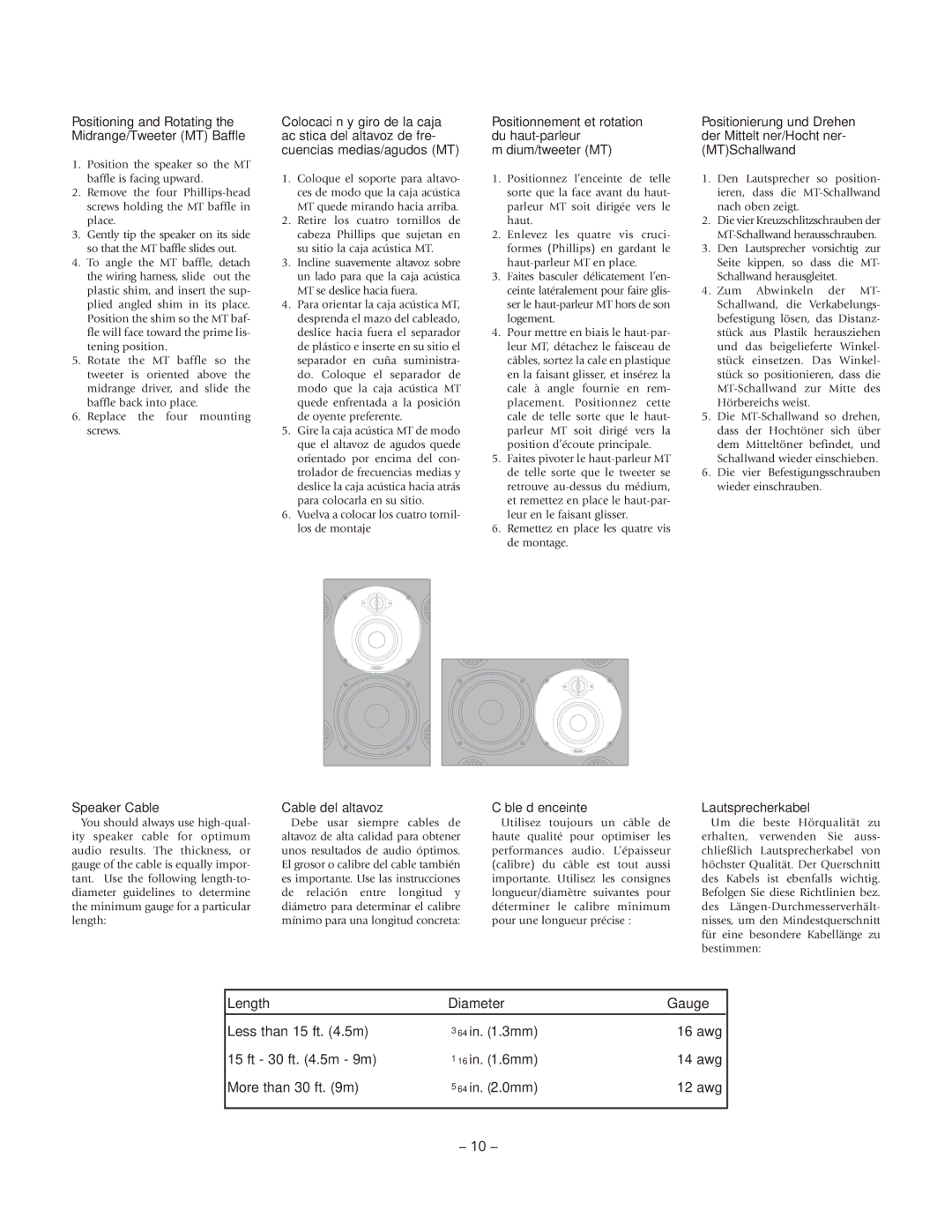 Boston Acoustics BT2, BT1 manual Less than 15 ft .5m, 16 awg, Ft 30 ft .5m 9m, 14 awg, More than 30 ft m, 12 awg 