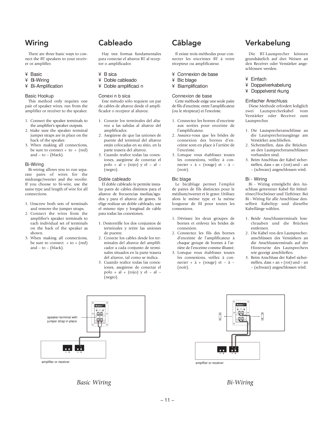 Boston Acoustics BT1, BT2 manual Wiring Cableado, Câblage, Verkabelung 