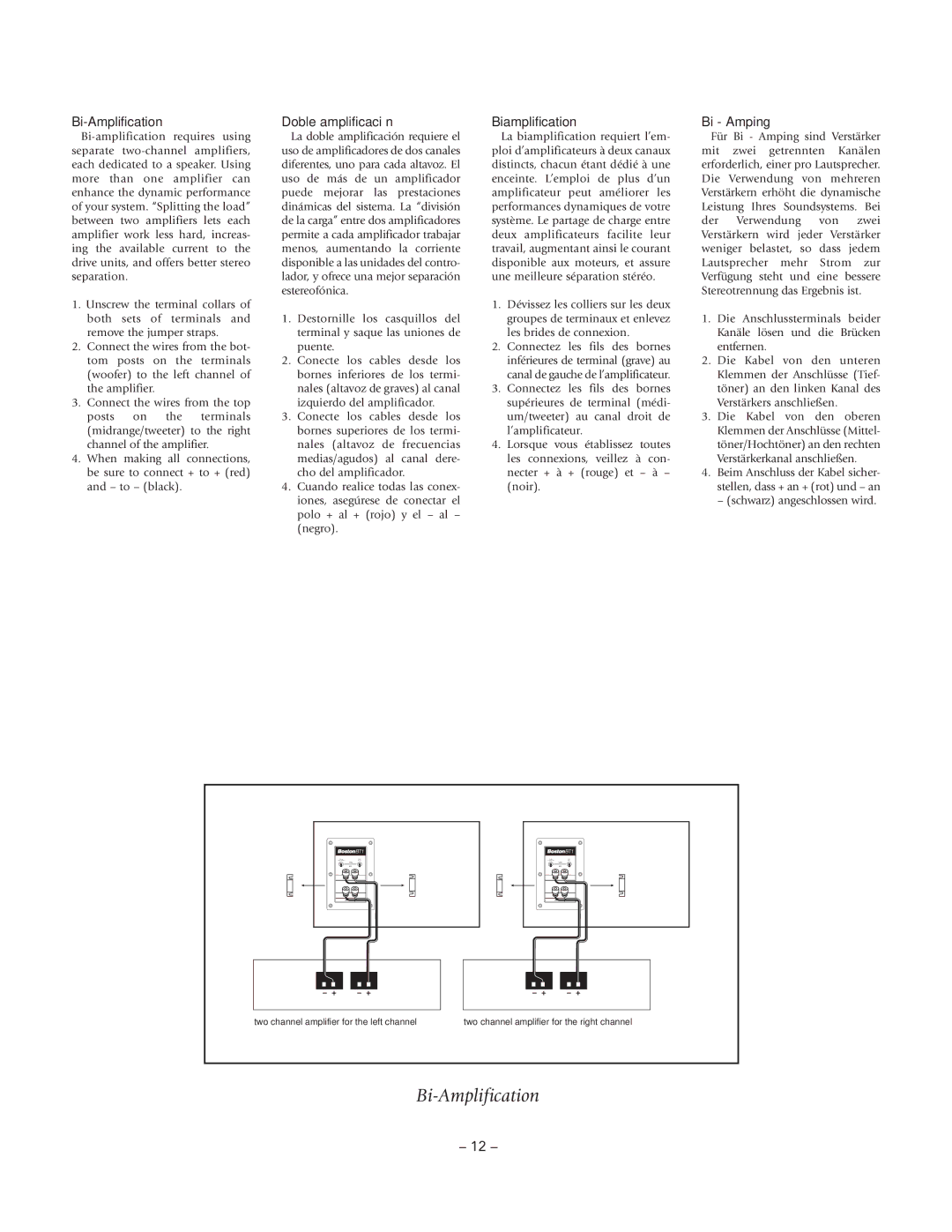 Boston Acoustics BT2, BT1 manual Bi-Amplification, Doble amplificación, Biamplification, Bi Amping 