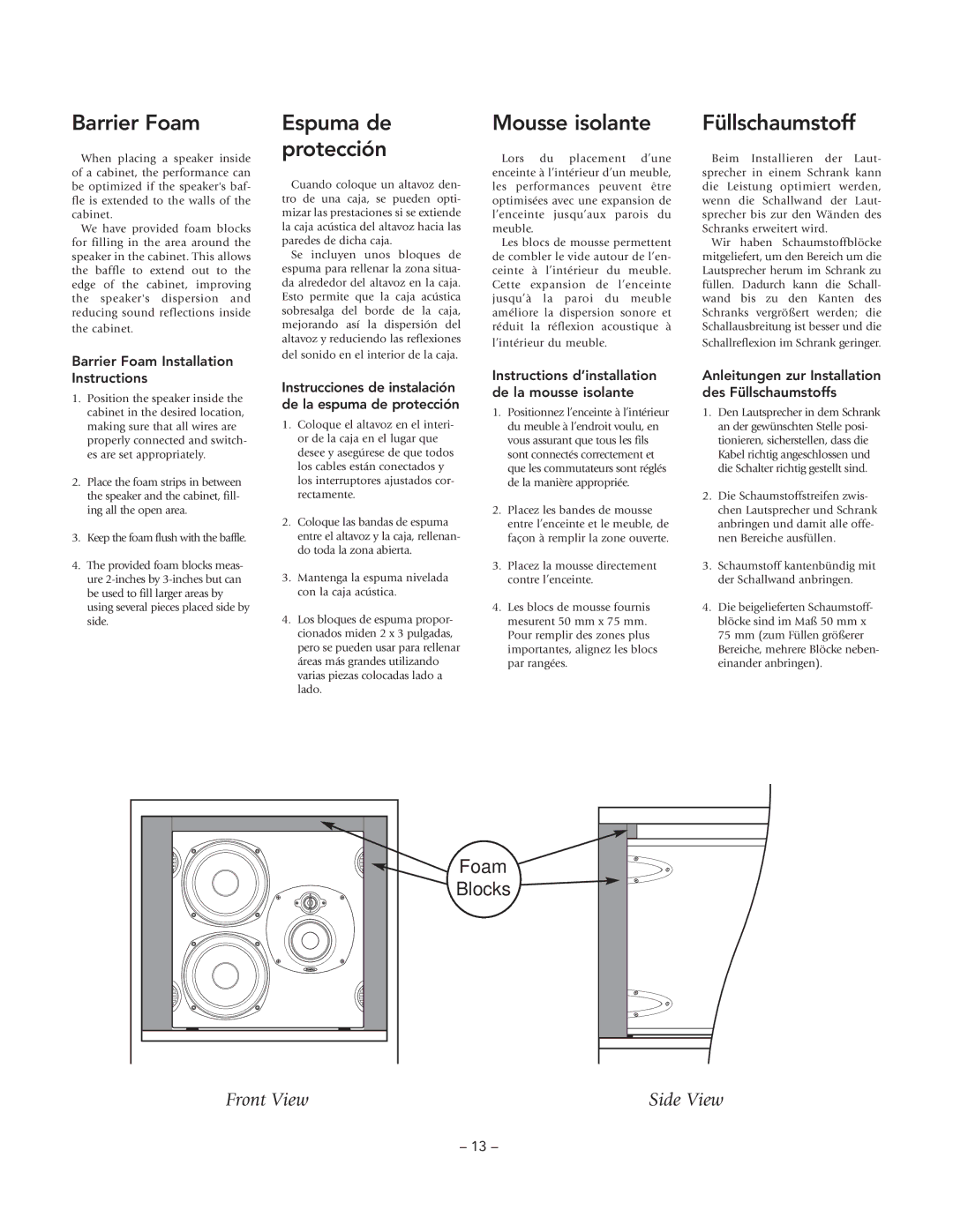 Boston Acoustics BT1, BT2 manual Barrier Foam, Espuma de protección, Mousse isolante, Füllschaumstoff 