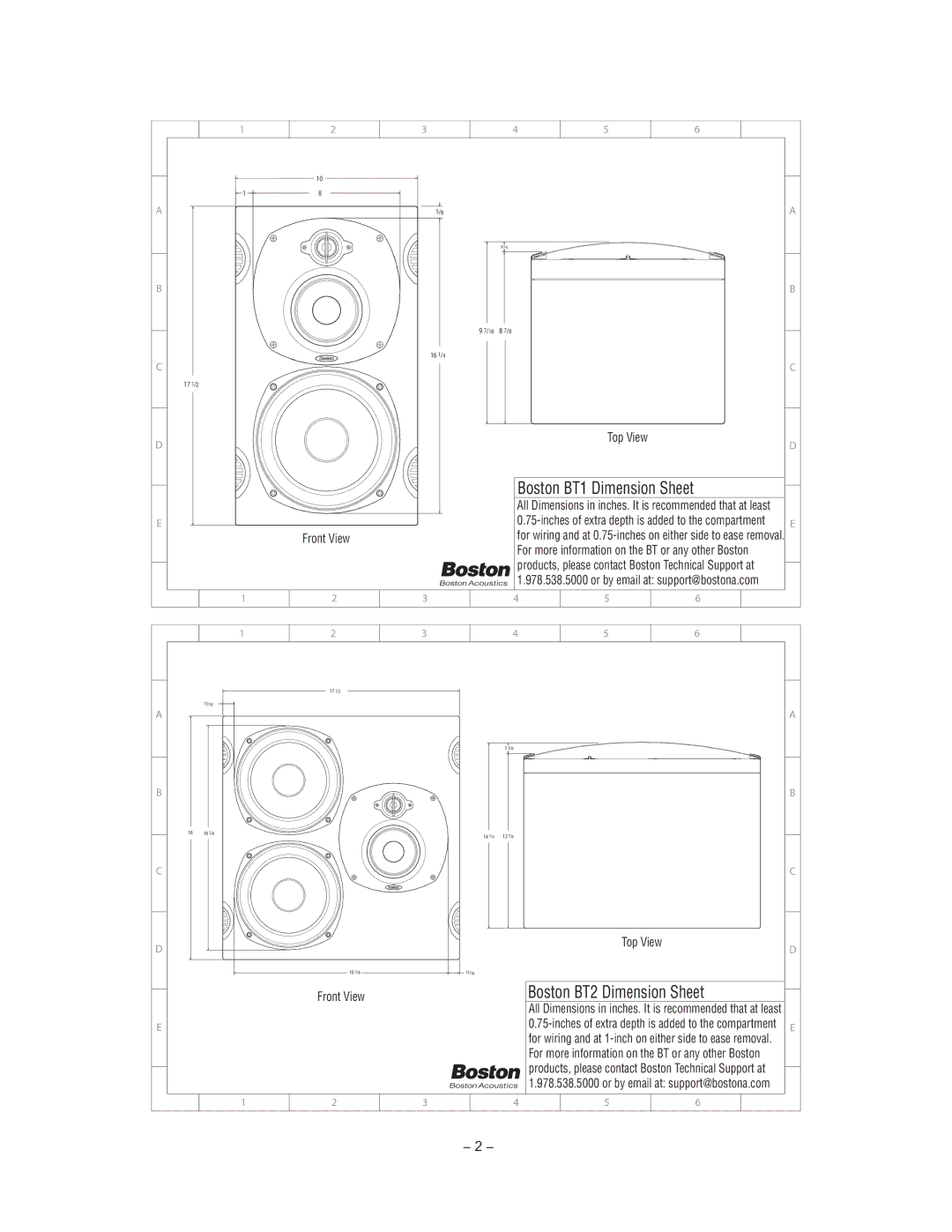 Boston Acoustics BT2 manual Boston BT1 Dimension Sheet 