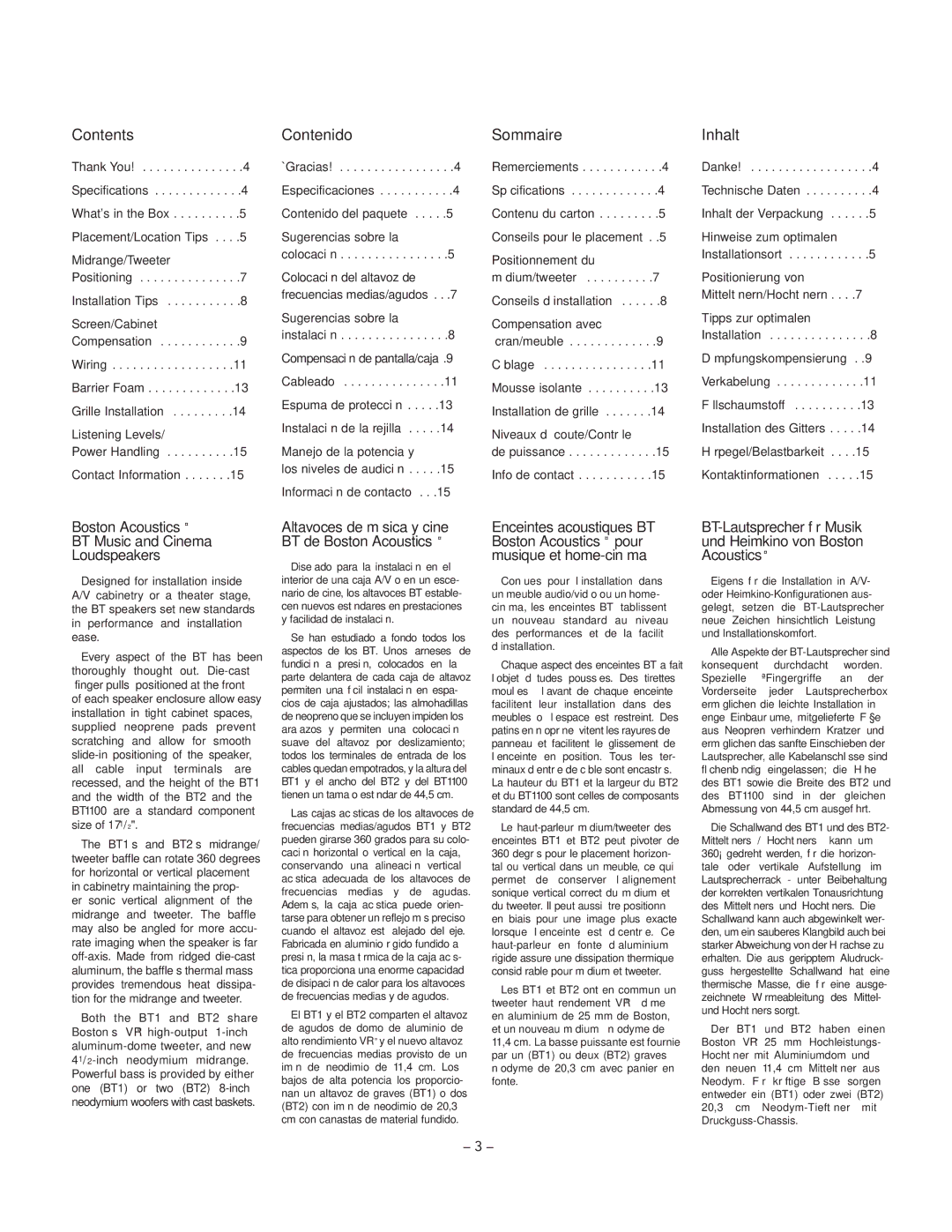 Boston Acoustics BT1, BT2 manual Contents, Contenido, Sommaire, Inhalt, Boston Acoustics BT Music and Cinema Loudspeakers 