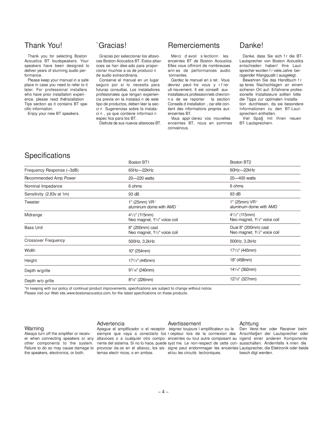 Boston Acoustics BT2, BT1 manual Thank You, ¡Gracias Remerciements Danke, Specifications 