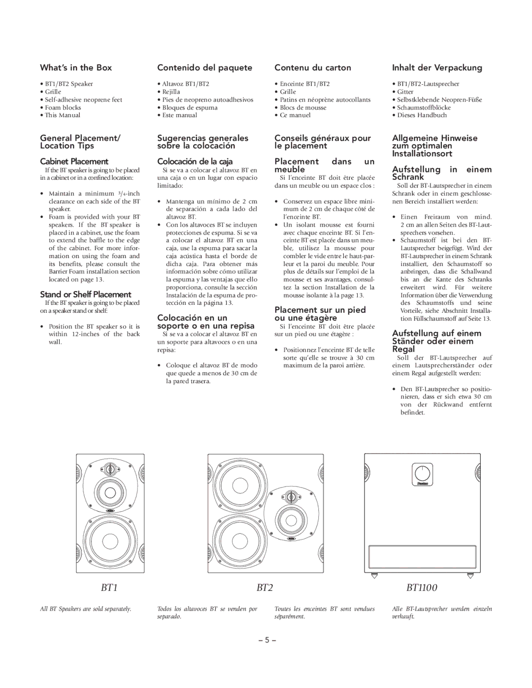 Boston Acoustics BT1, BT2 What’s in the Box, General Placement/ Location Tips Cabinet Placement, Stand or Shelf Placement 