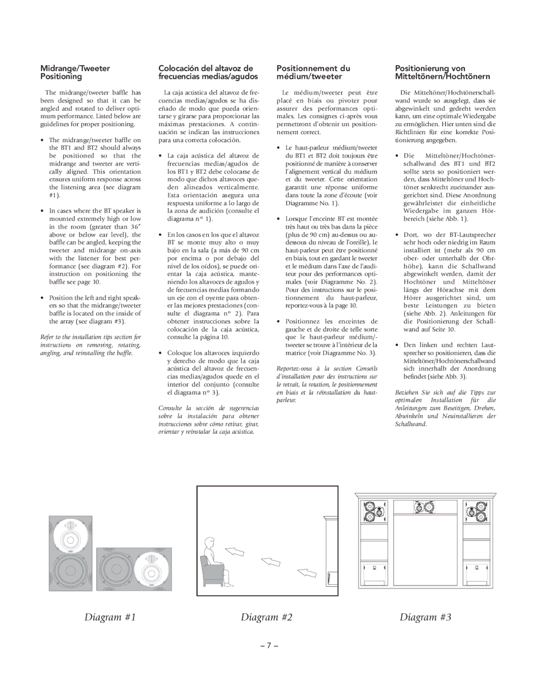 Boston Acoustics BT1, BT2 manual Midrange/Tweeter Positioning, Positionnement du médium/tweeter 