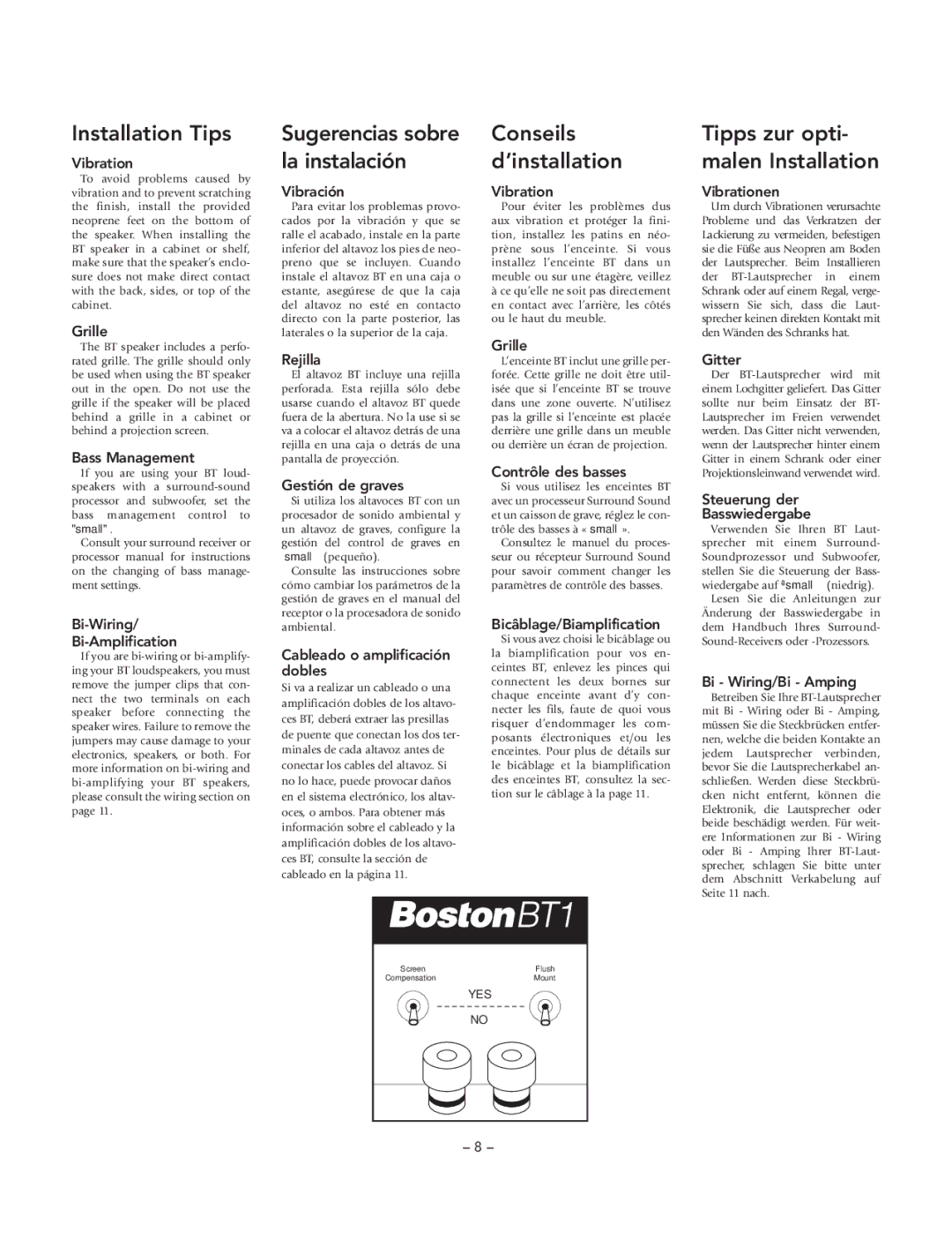 Boston Acoustics BT2, BT1 manual Installation Tips, Conseils d’installation, Tipps zur opti- malen Installation 