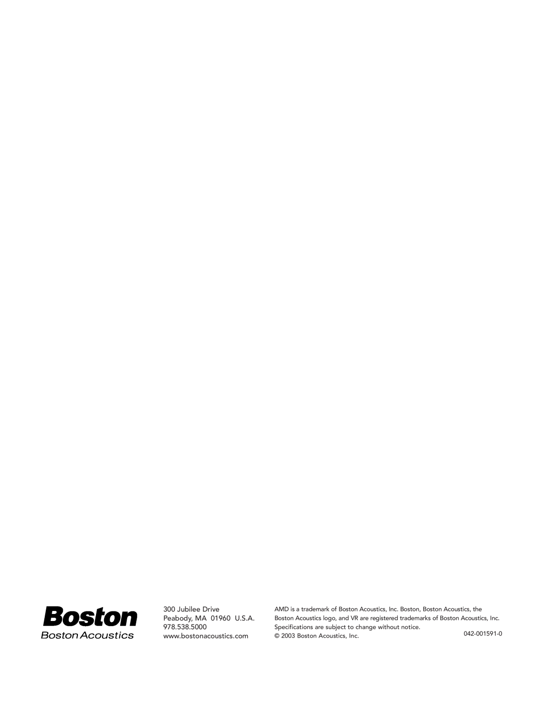 Boston Acoustics BT2, BT1 manual Jubilee Drive, Peabody, MA 01960 U.S.A, 978.538.5000, 042-001591-0, Boston Acoustics, Inc 