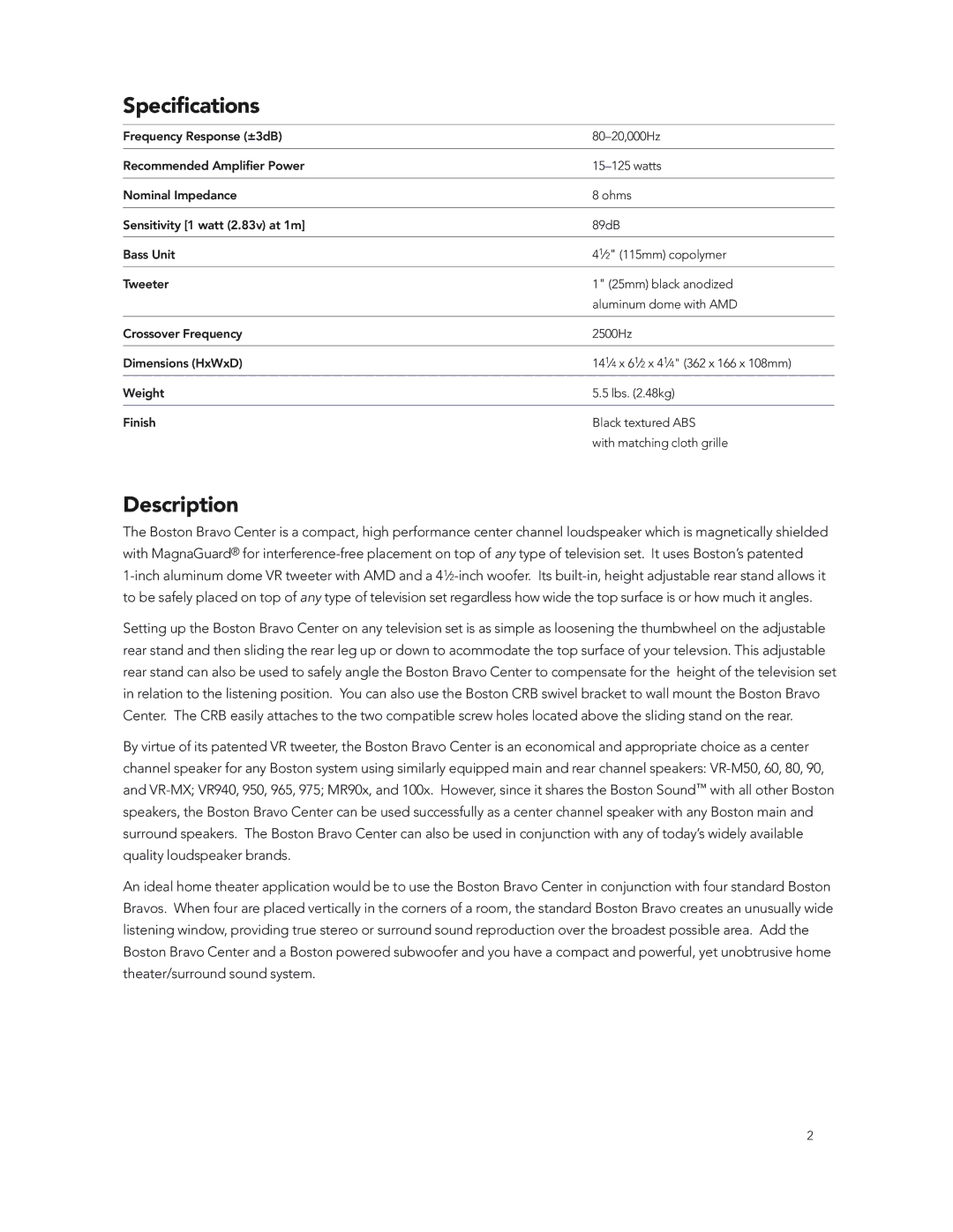 Boston Acoustics Center Channel Speaker manual Speciﬁcations, Description 