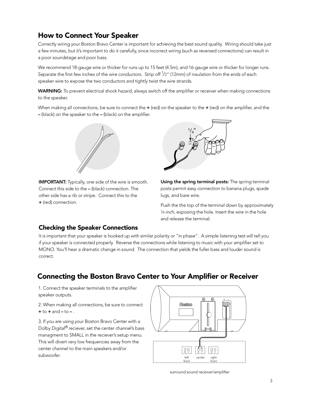 Boston Acoustics Center Channel Speaker manual How to Connect Your Speaker, Checking the Speaker Connections 
