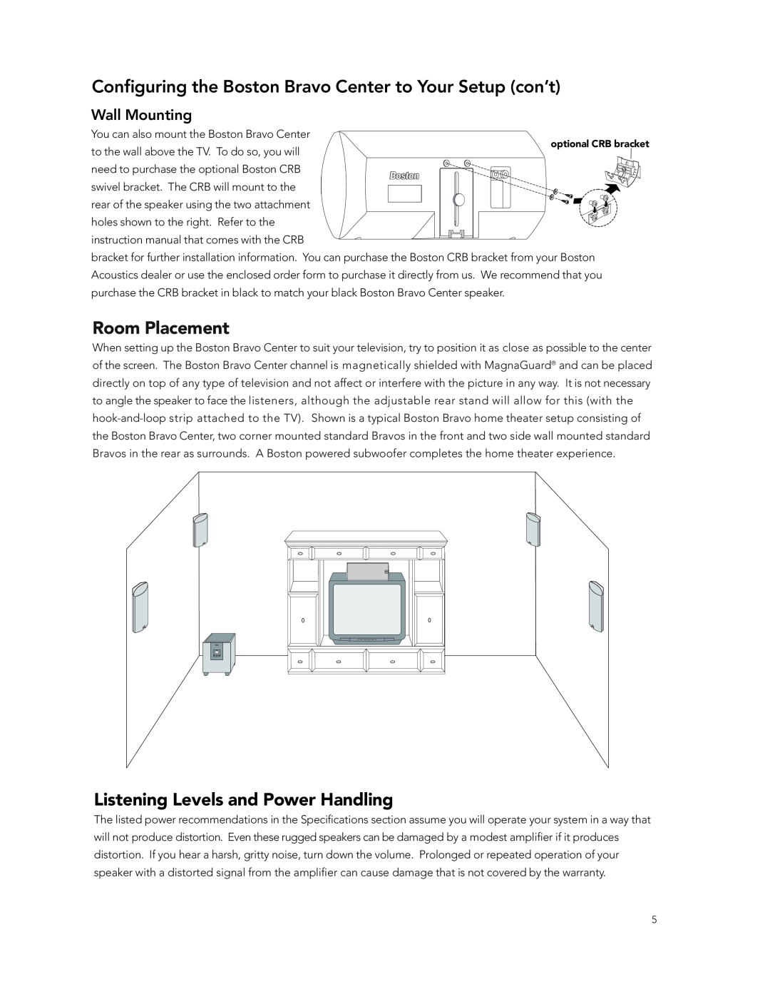 Boston Acoustics Center Channel Speaker manual Room Placement, Listening Levels and Power Handling, Wall Mounting 