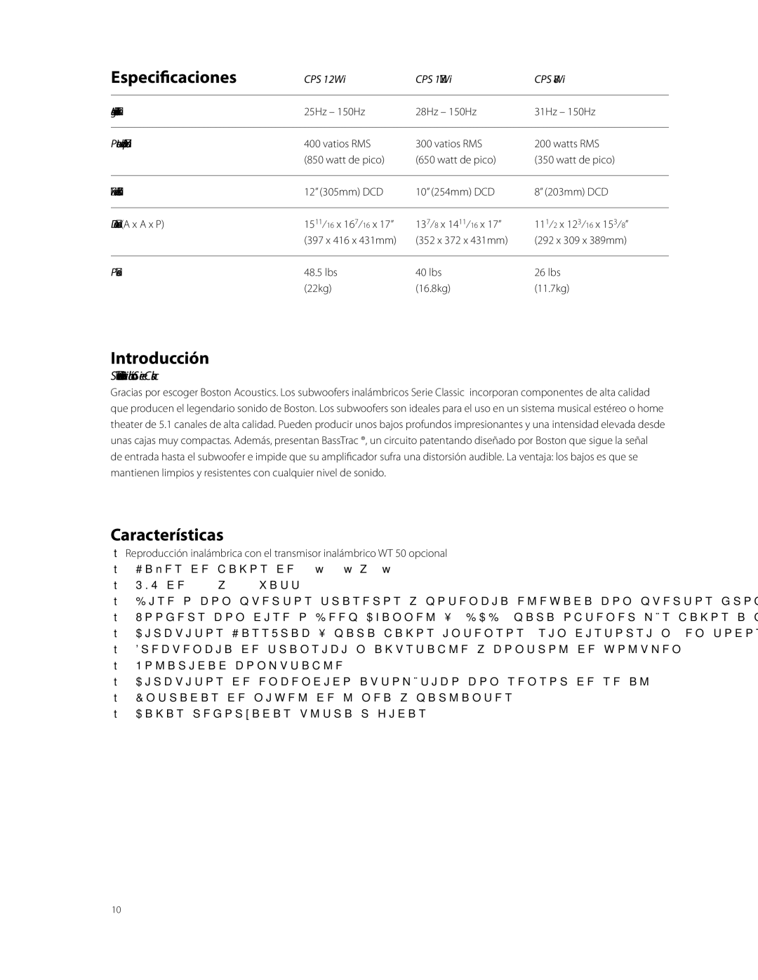 Boston Acoustics CPS 10Wi, CPS 8Wi, CPS 12Wi owner manual Especificaciones, Introducción, Características 