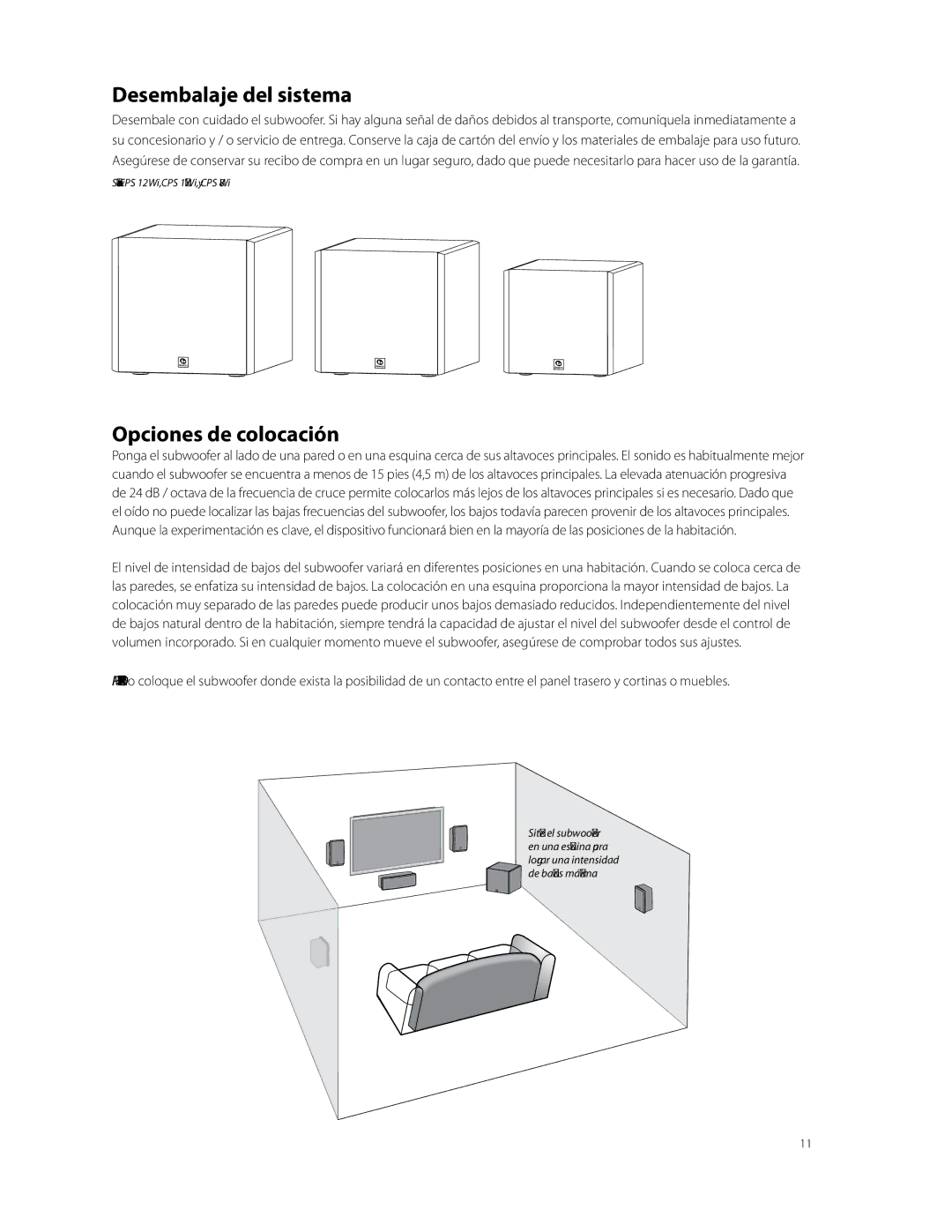 Boston Acoustics CPS 12Wi, CPS 8Wi, CPS 10Wi owner manual Desembalaje del sistema, Opciones de colocación 