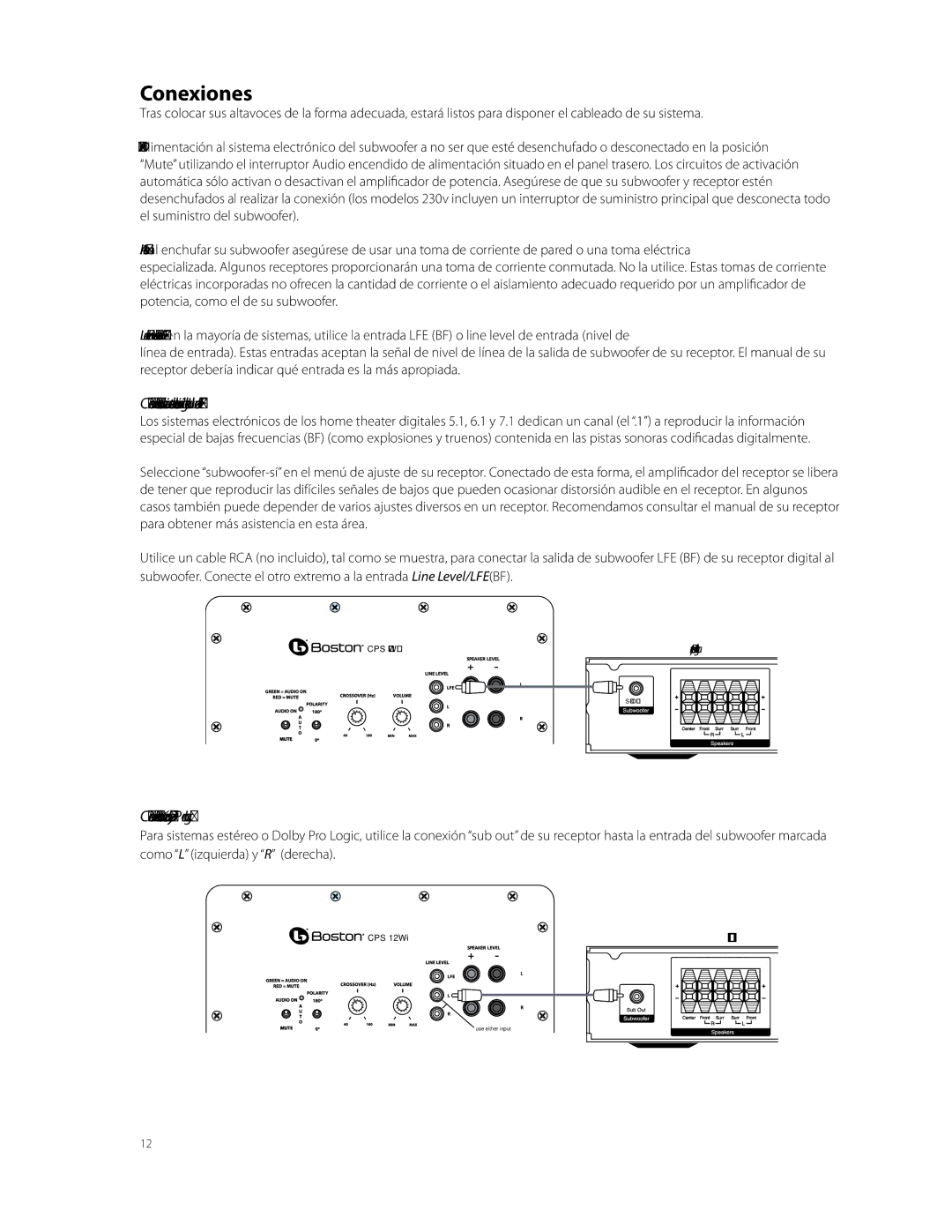 Boston Acoustics CPS 8Wi, CPS 10Wi, CPS 12Wi owner manual Conexiones, Conexión del subwoofer a estéreo o Dolby Pro Logic 