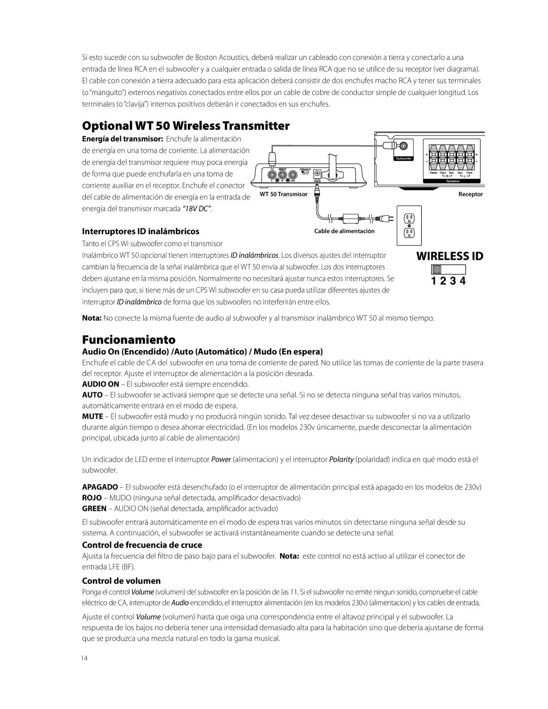 Boston Acoustics CPS 12Wi, CPS 8Wi, CPS 10Wi Funcionamiento, Interruptores ID inalámbricos, Control de frecuencia de cruce 