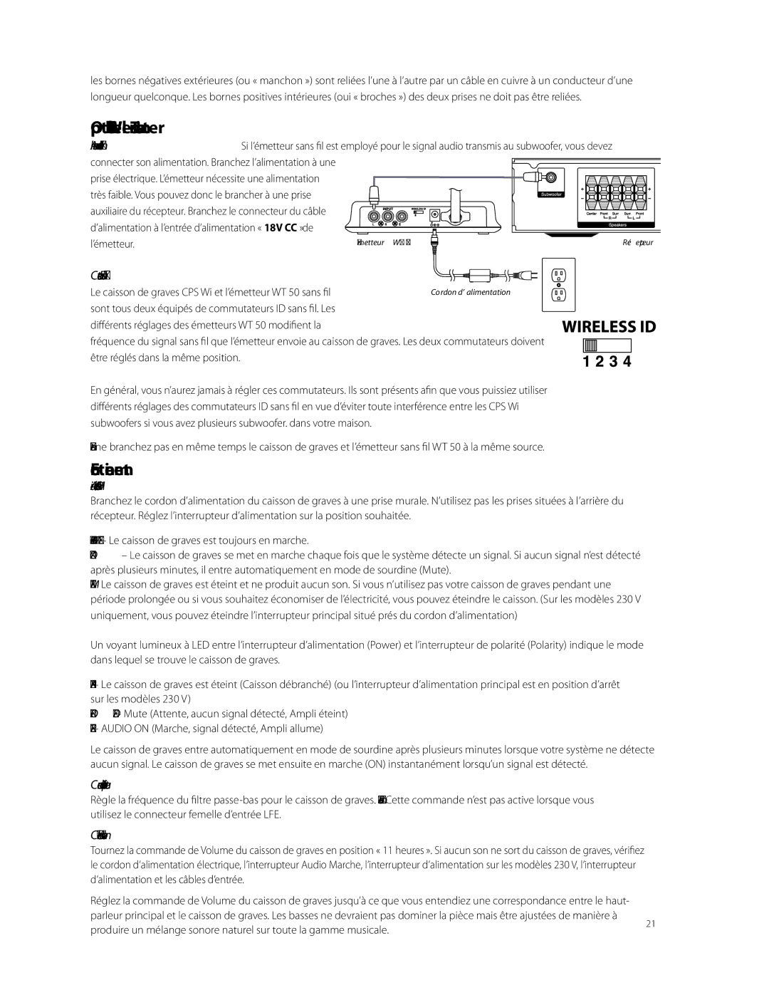 Boston Acoustics CPS 8Wi Fonctionnement, Commutateurs ID sans fil, Commande du répartiteur, Contrôle du volume, ’émetteur 