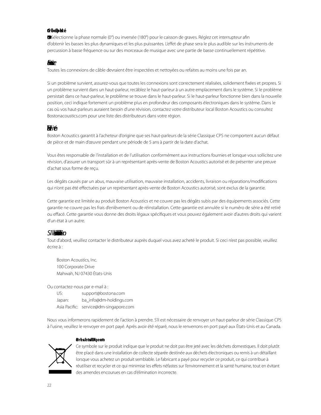 Boston Acoustics CPS 10Wi, CPS 8Wi Entretien et service, Garantie limitée, ’il semble nécessaire d’effectuer une révision 