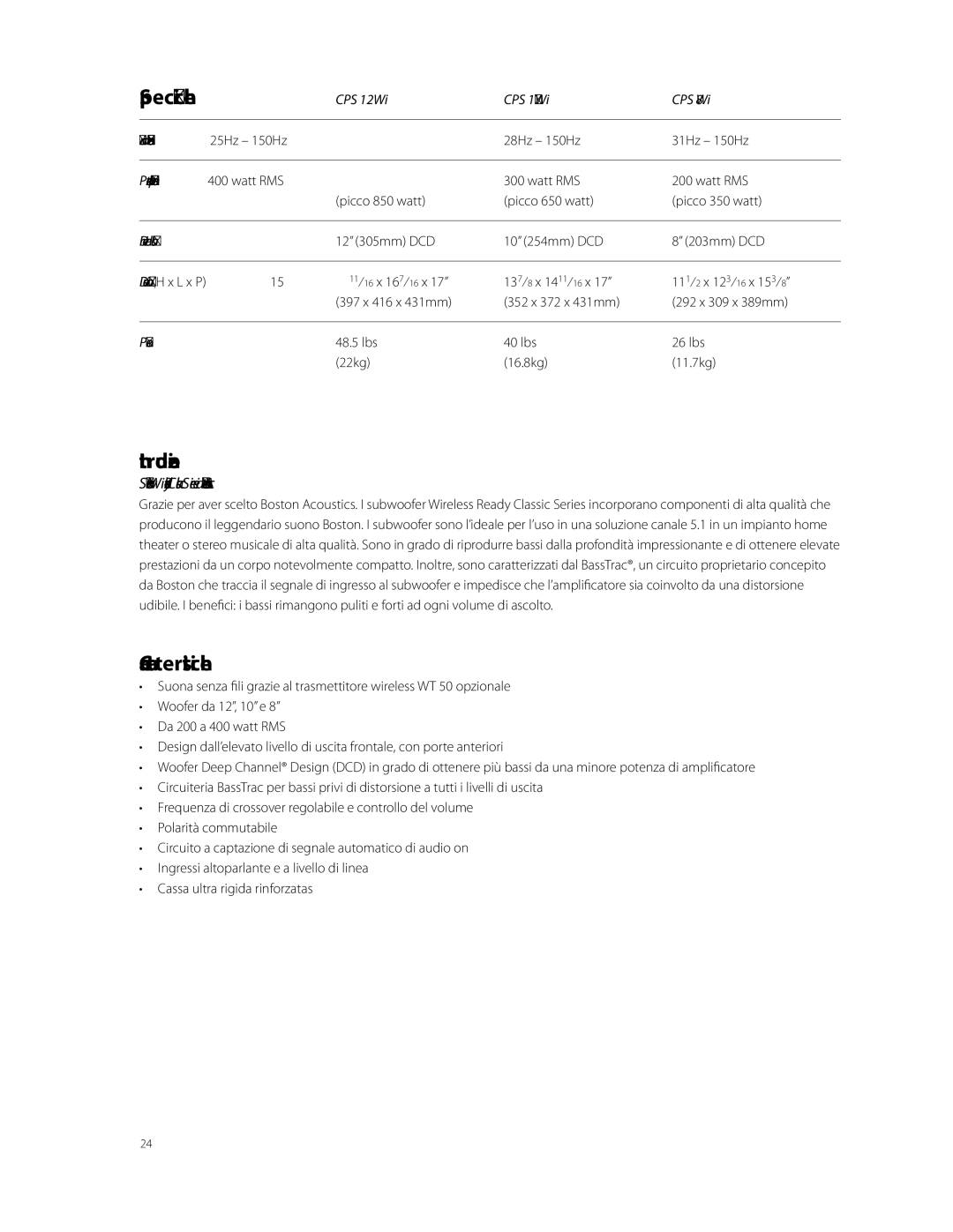 Boston Acoustics CPS 8Wi, CPS 10Wi, CPS 12Wi owner manual Specifiche, Introduzione, Caratteristiche 