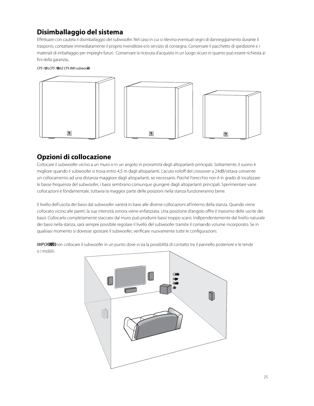 Boston Acoustics CPS 10Wi, CPS 8Wi, CPS 12Wi owner manual Disimballaggio del sistema, Opzioni di collocazione 