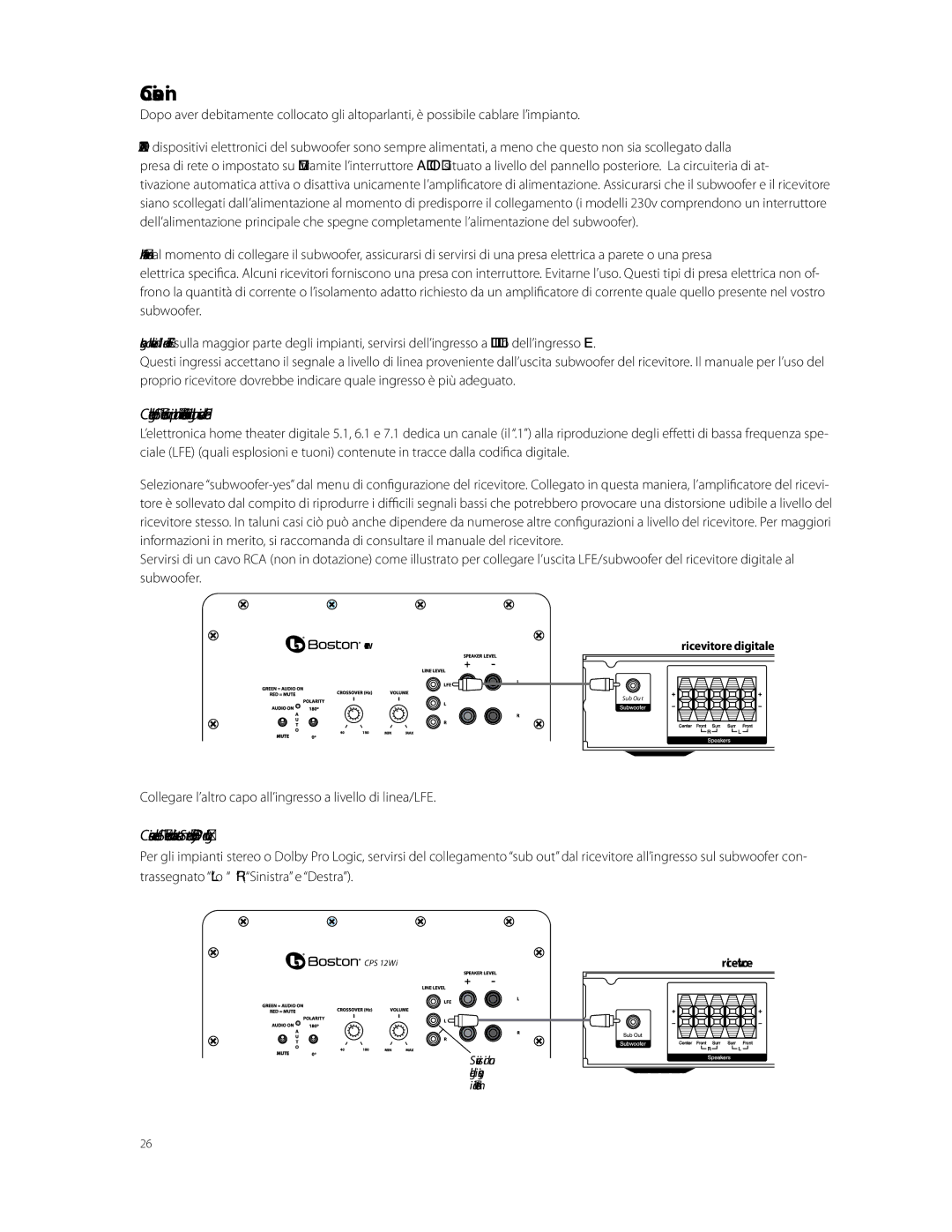 Boston Acoustics CPS 12Wi, CPS 8Wi, CPS 10Wi owner manual Connessioni 