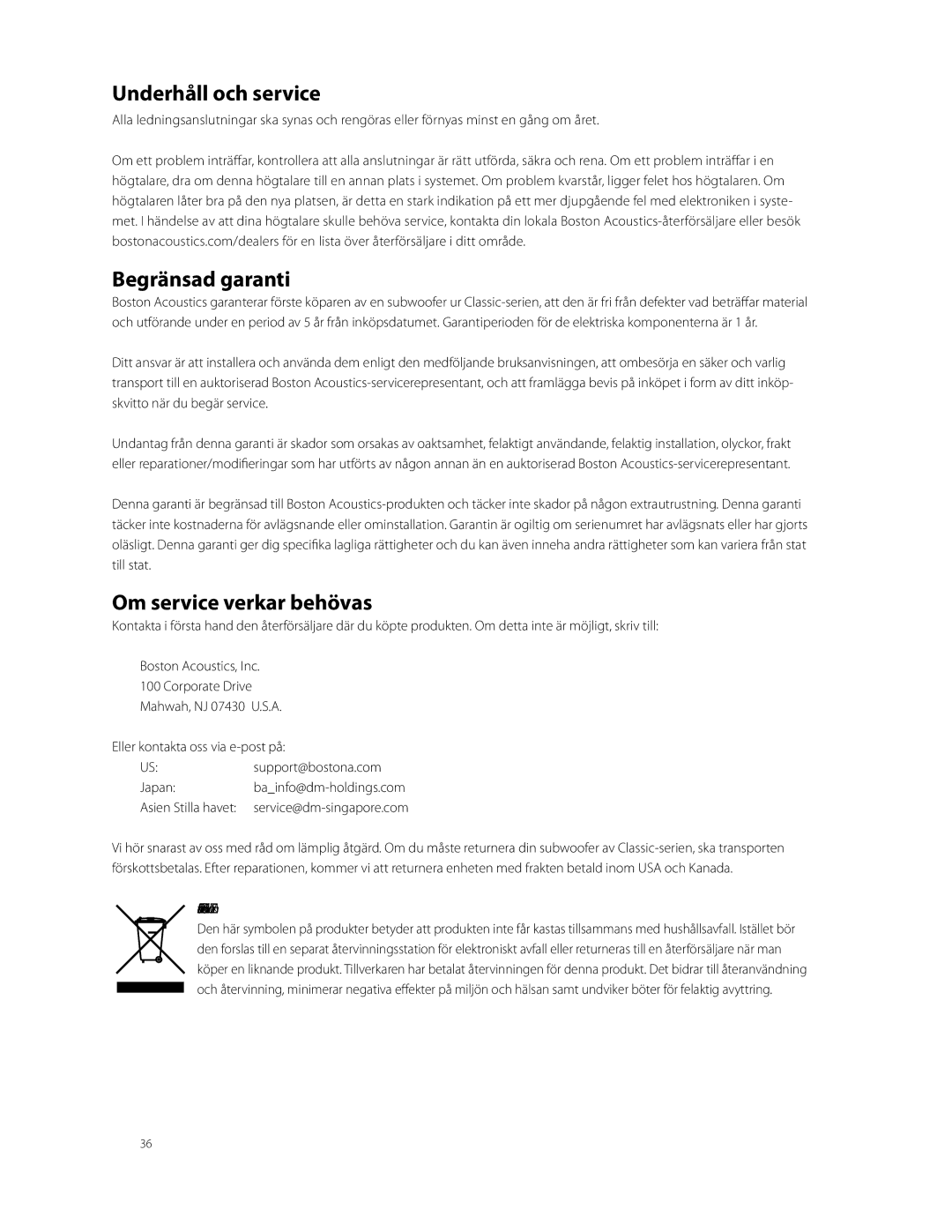 Boston Acoustics CPS 8Wi Underhåll och service, Begränsad garanti, Om service verkar behövas, Endast för kunder inom EU 