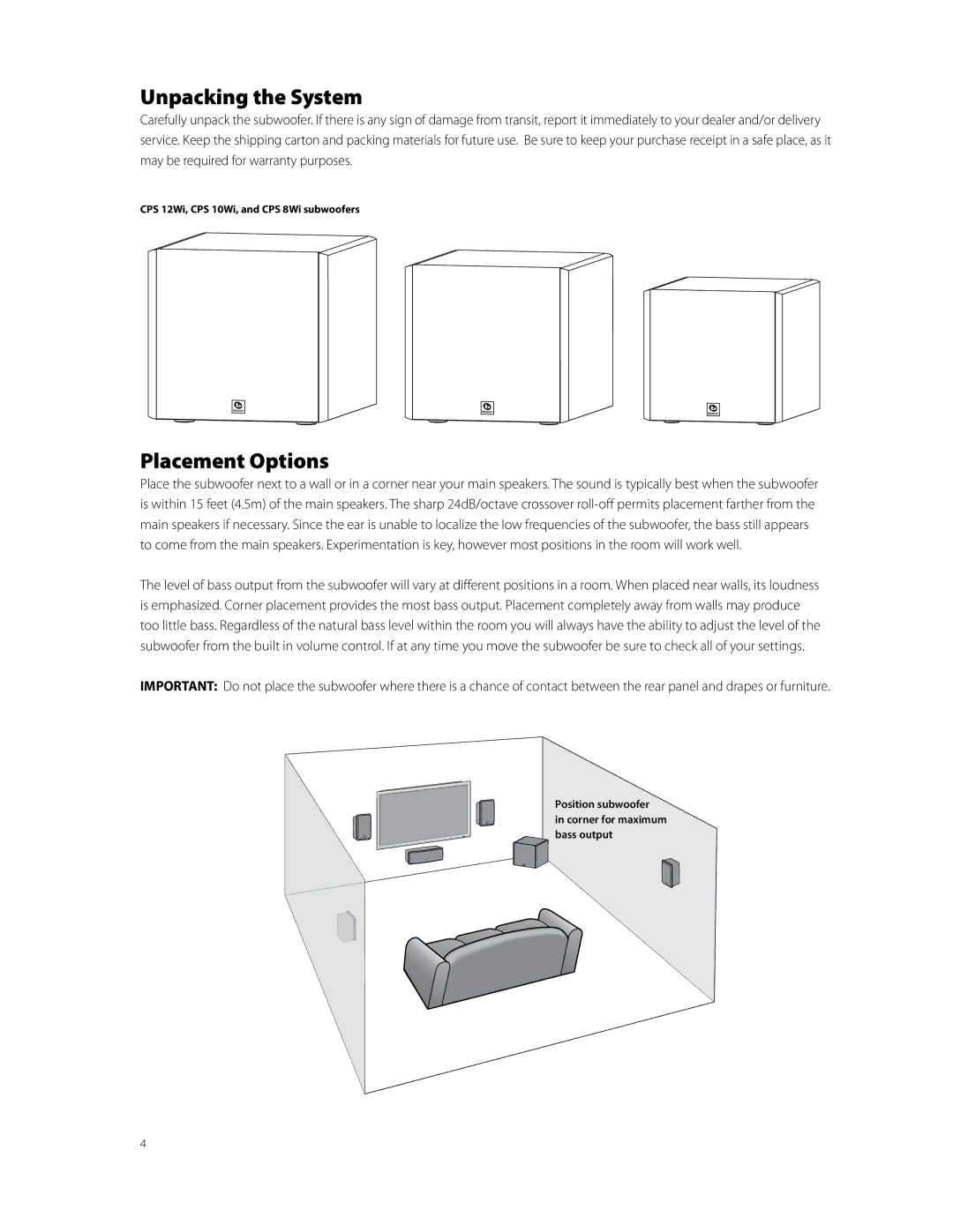 Boston Acoustics CPS 10Wi, CPS 8Wi, CPS 12Wi owner manual Unpacking the System, Placement Options 