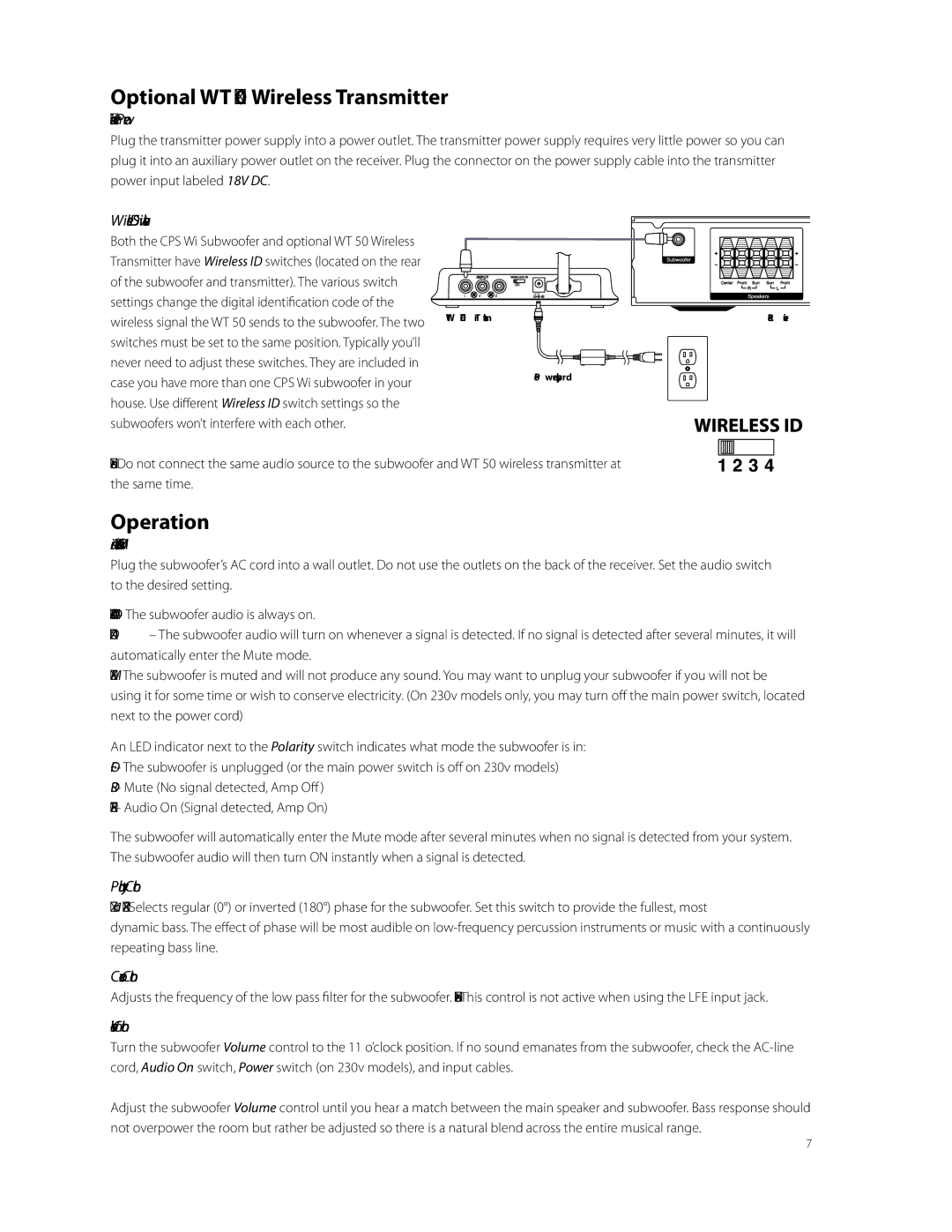 Boston Acoustics CPS 10Wi, CPS 8Wi, CPS 12Wi owner manual Optional WT 50 Wireless Transmitter, Operation 